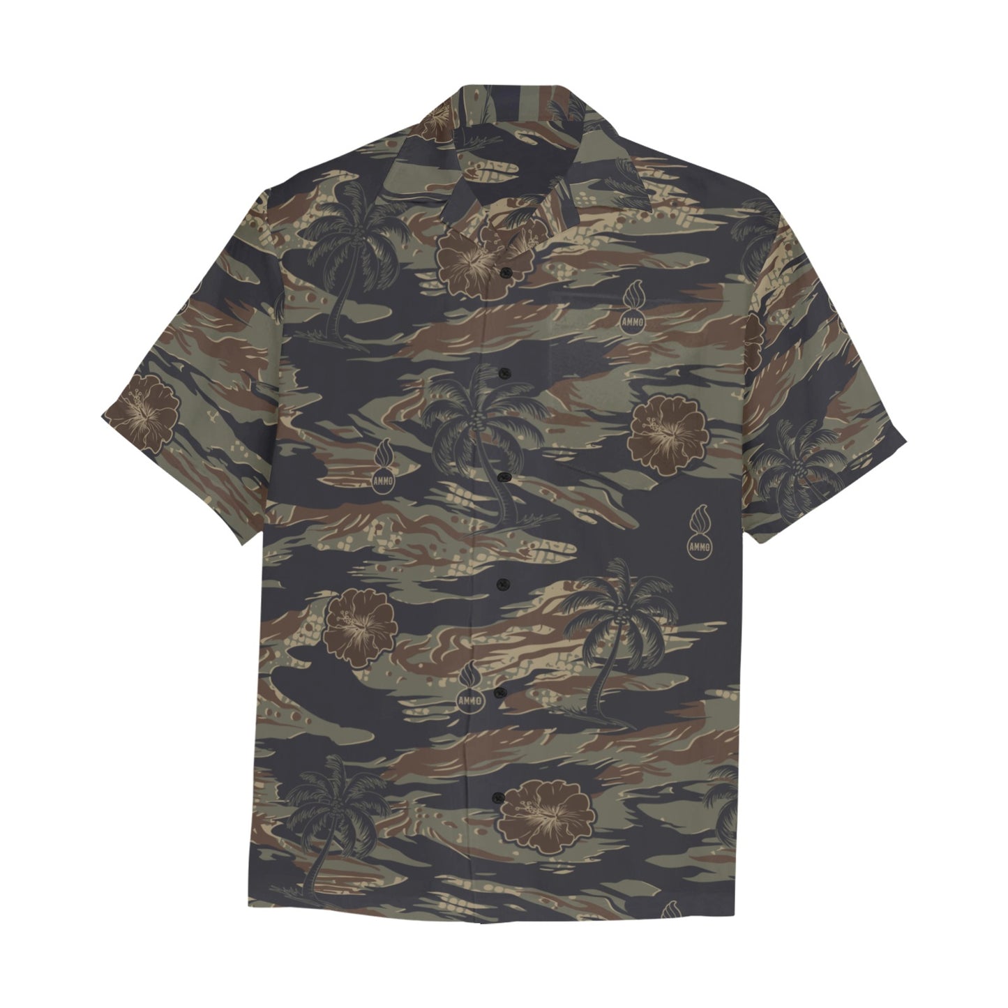 AMMO Tiger Stripe Camouflage Palm Trees Flowers Pisspots Pattern Mens Left Chest Pocket Hawaiian Shirt