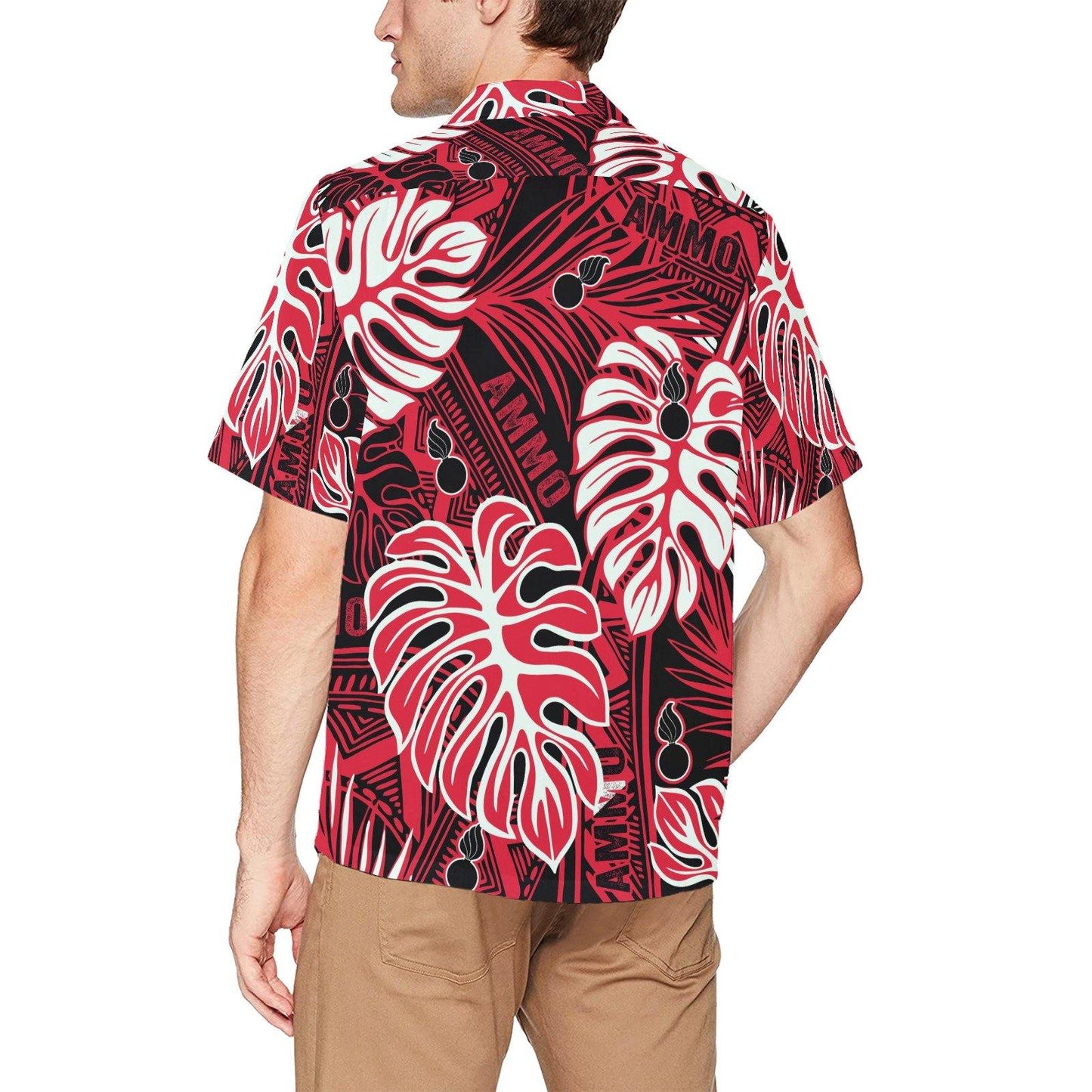 Red White and Black Leaves Tribal Pisspots AMMO Hawaiian Shirt With Left Chest Pocket - AMMO Pisspot IYAAYAS Gear