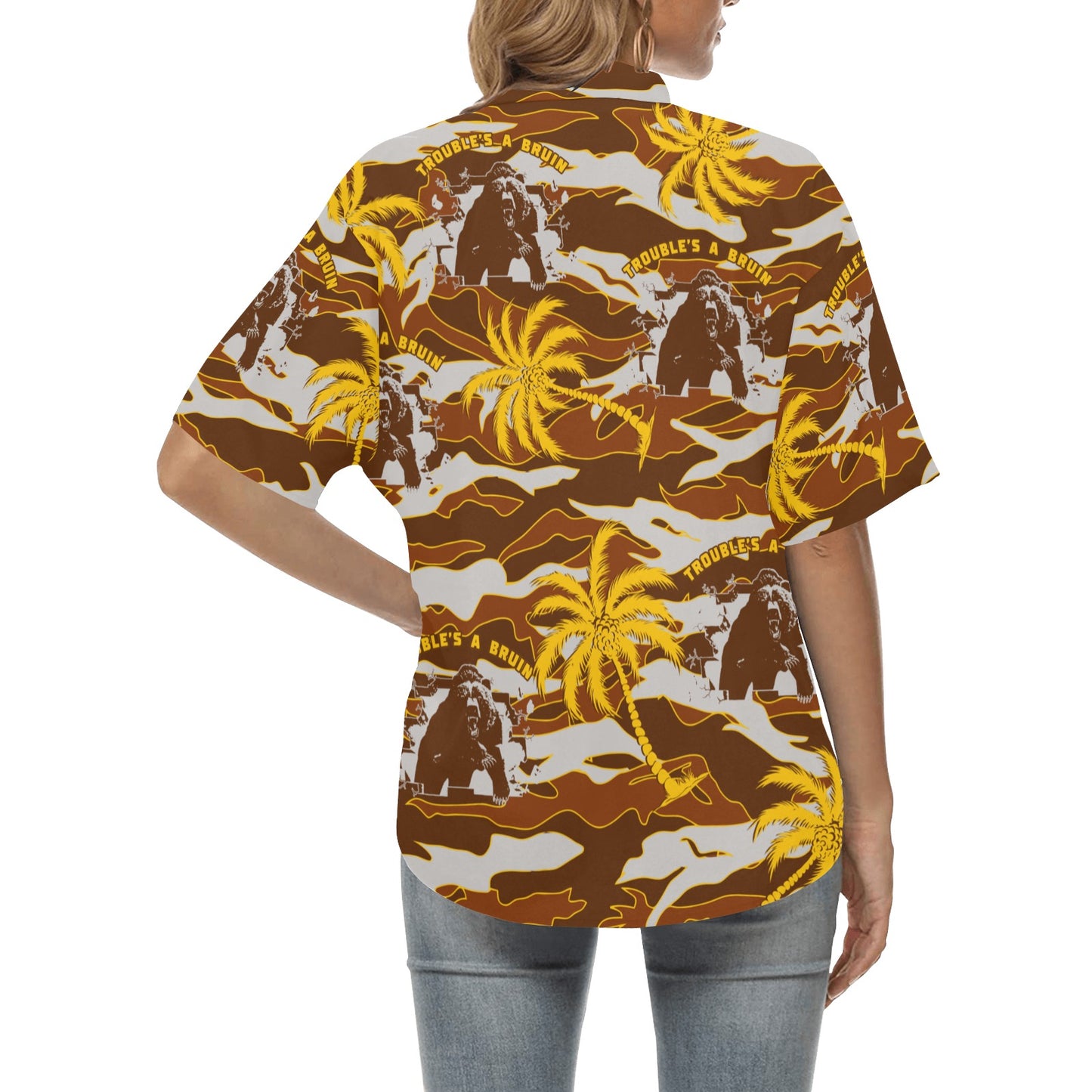 Fargo South High Troubles A Bruin Brown Bear Brick Wall Brown Camouflage With Gold Color Palm Trees Womens Hawaiian Shirt