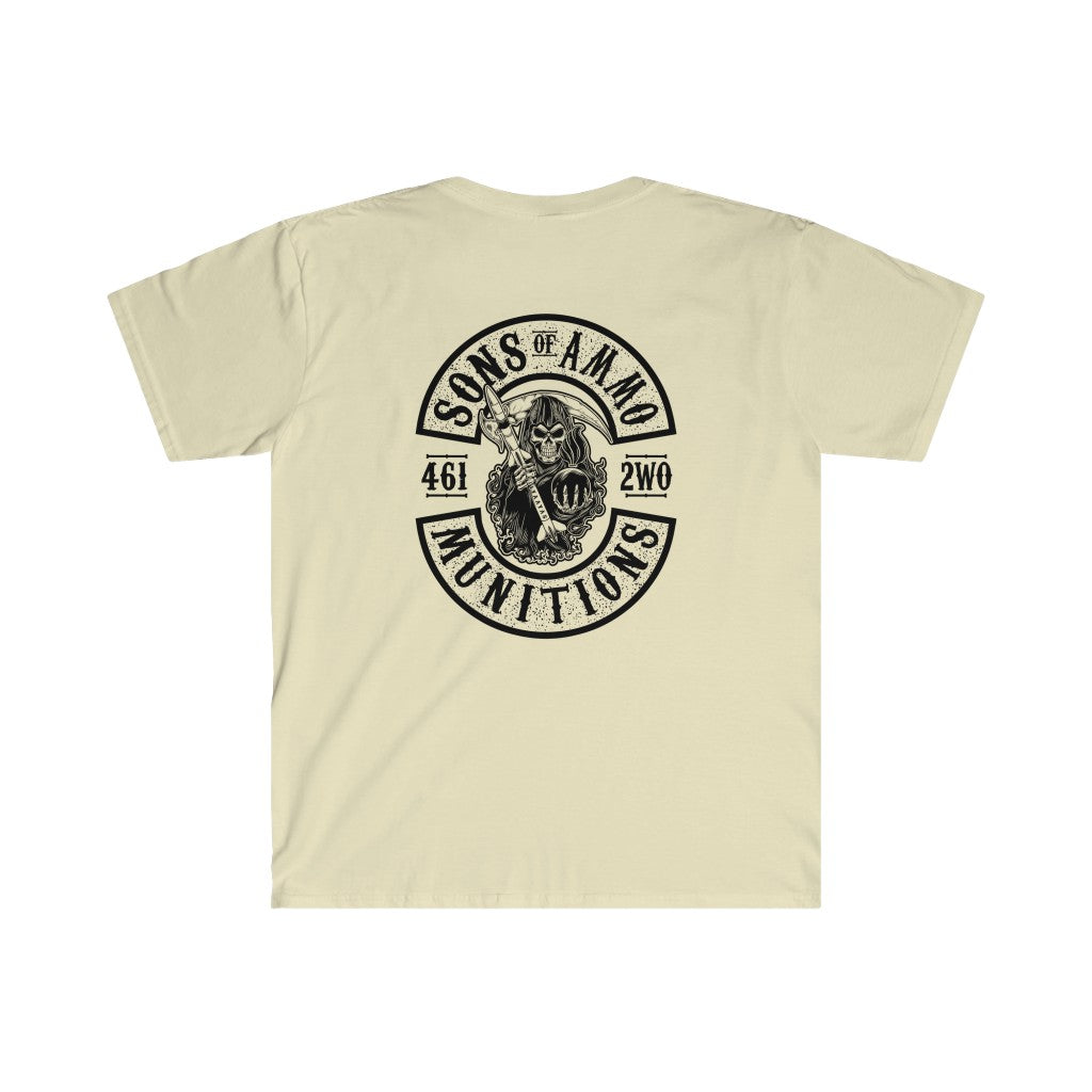 Sons Of AMMO Grim Reaper Death Sickle Scythe Missile Pisspot IYAAYAS Munitons Logo Unisex Softstyle T-Shirt