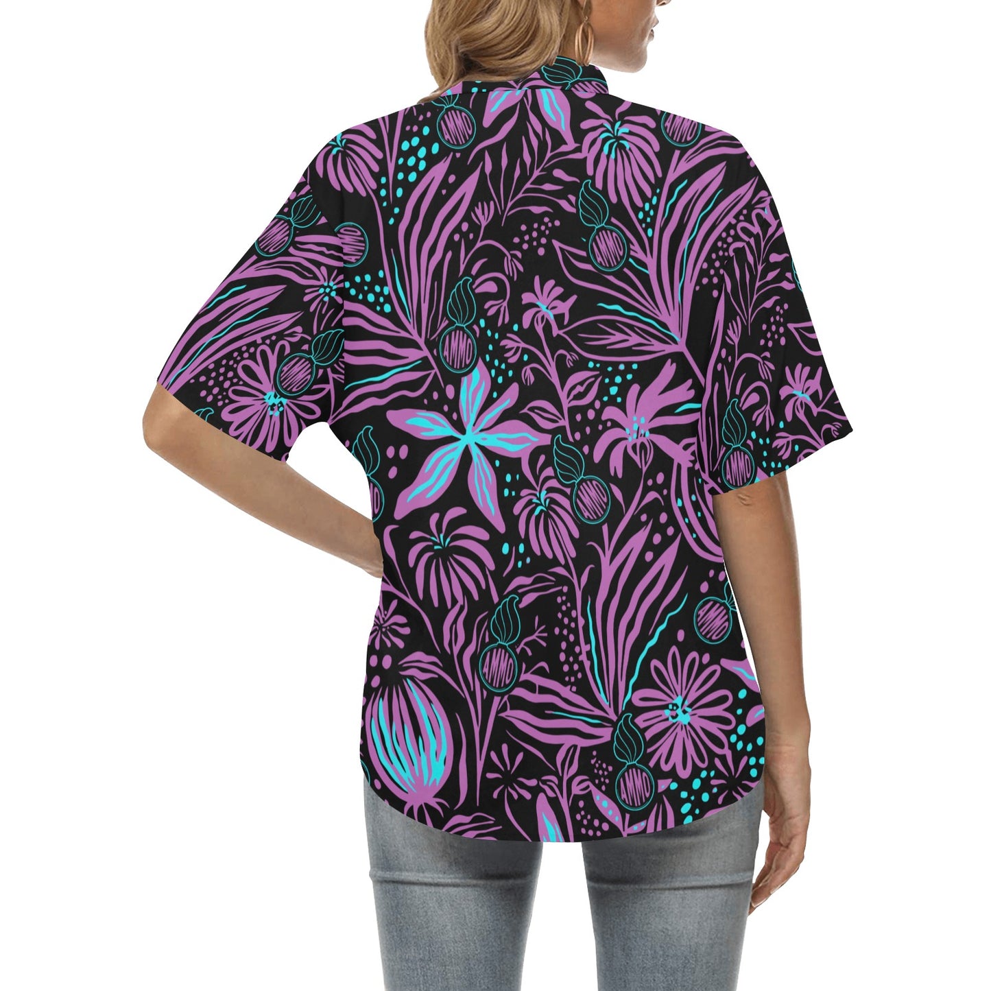 USAF AMMO Purple Teal Neon Flowers Pisspots AMMO Logo Womens Hawaiian Shirt
