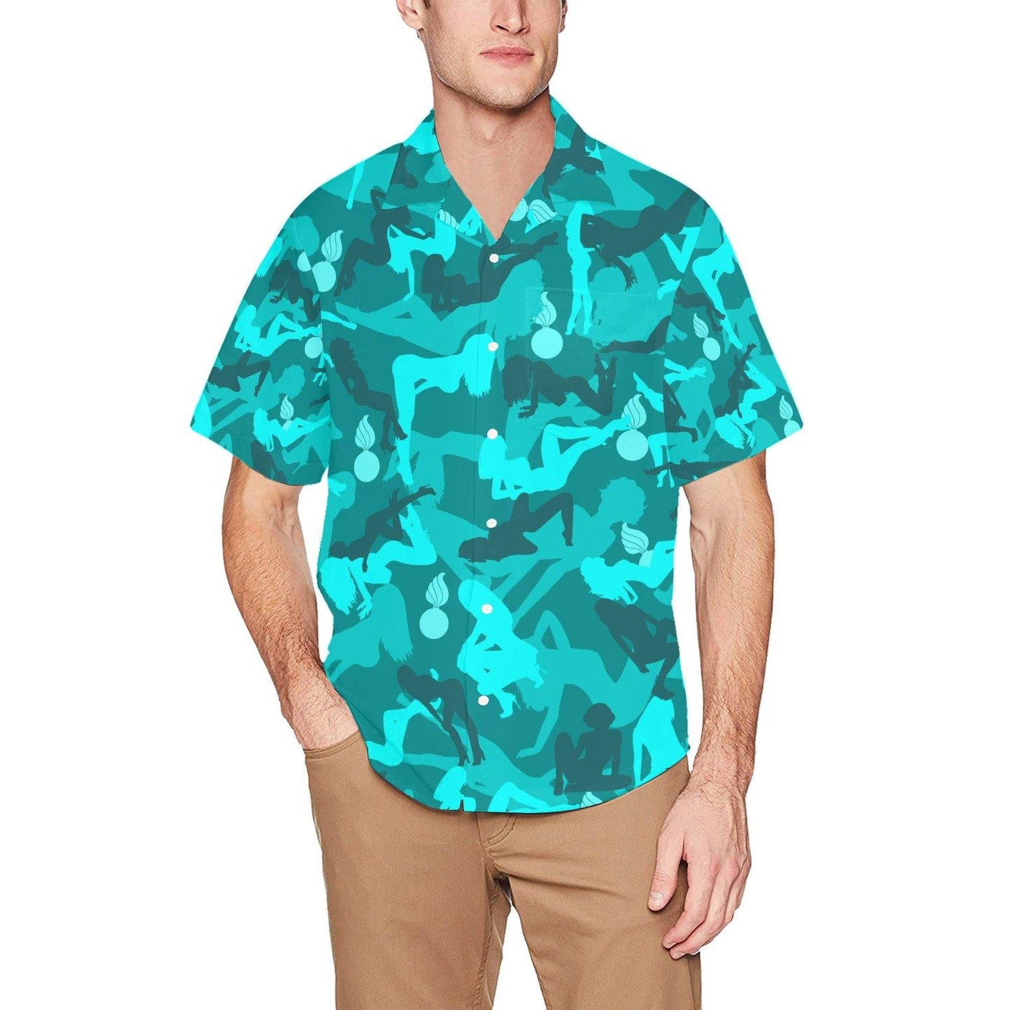 Juicy Girls and Pisspots Aqua Blue Green Pattern AMMO Hawaiian Shirt With Front Left Chest Pocket - AMMO Pisspot IYAAYAS Gear