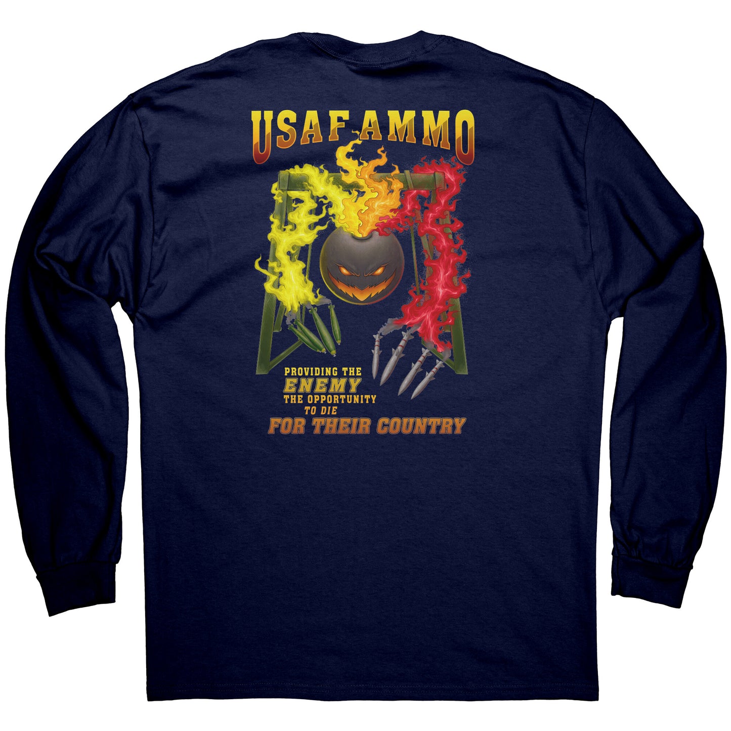 Flaming Pisspot With Arms Gantry Missile and Bomb fingers USAF AMMO IYAAYAS Mens Long Sleeve Tee