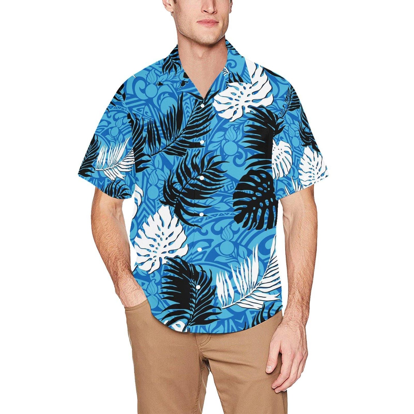 USAF AMMO Two Tone Blue Tribal With Pisspots and White and Black Leaves AMMO Hawaiian Shirt With Front Left Chest Pocket - AMMO Pisspot IYAAYAS Gear