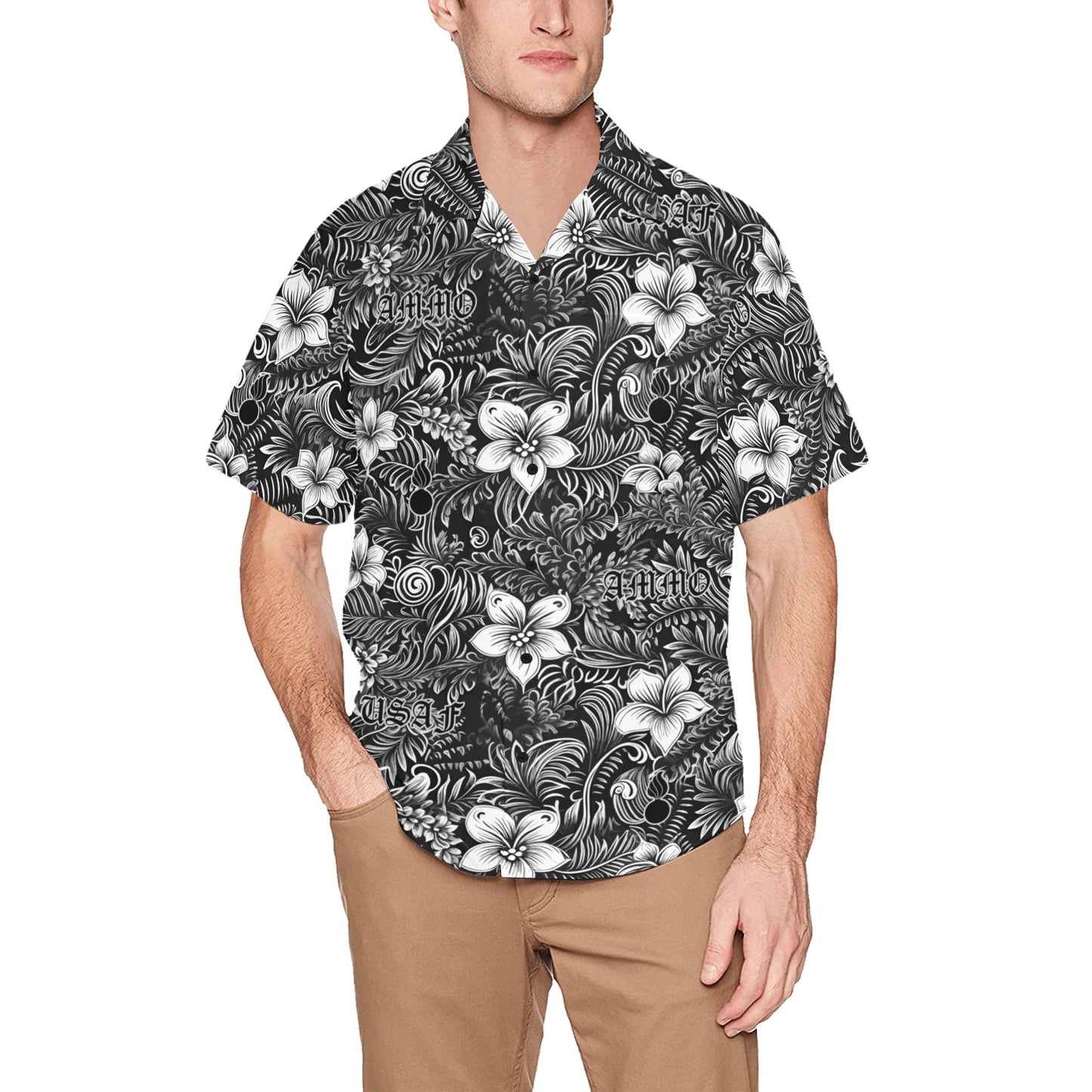 Black and White Badass Hawaiian Flowers Leaves USAF AMMO and Pisspots Mens All Over Print Hawaiian Shirt With Left Chest Pocket