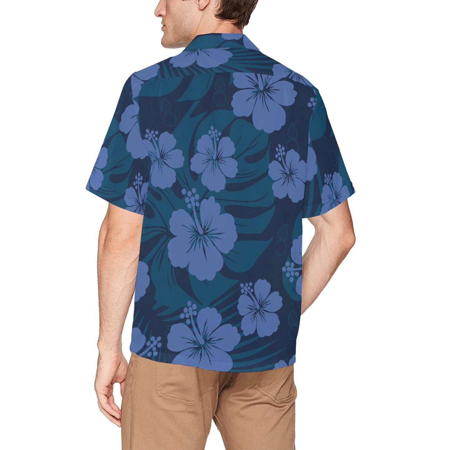 USAF AMMO Tropical Blue Flowers Leaves Pisspots Mens Left Chest Pocket Hawaiian Shirt