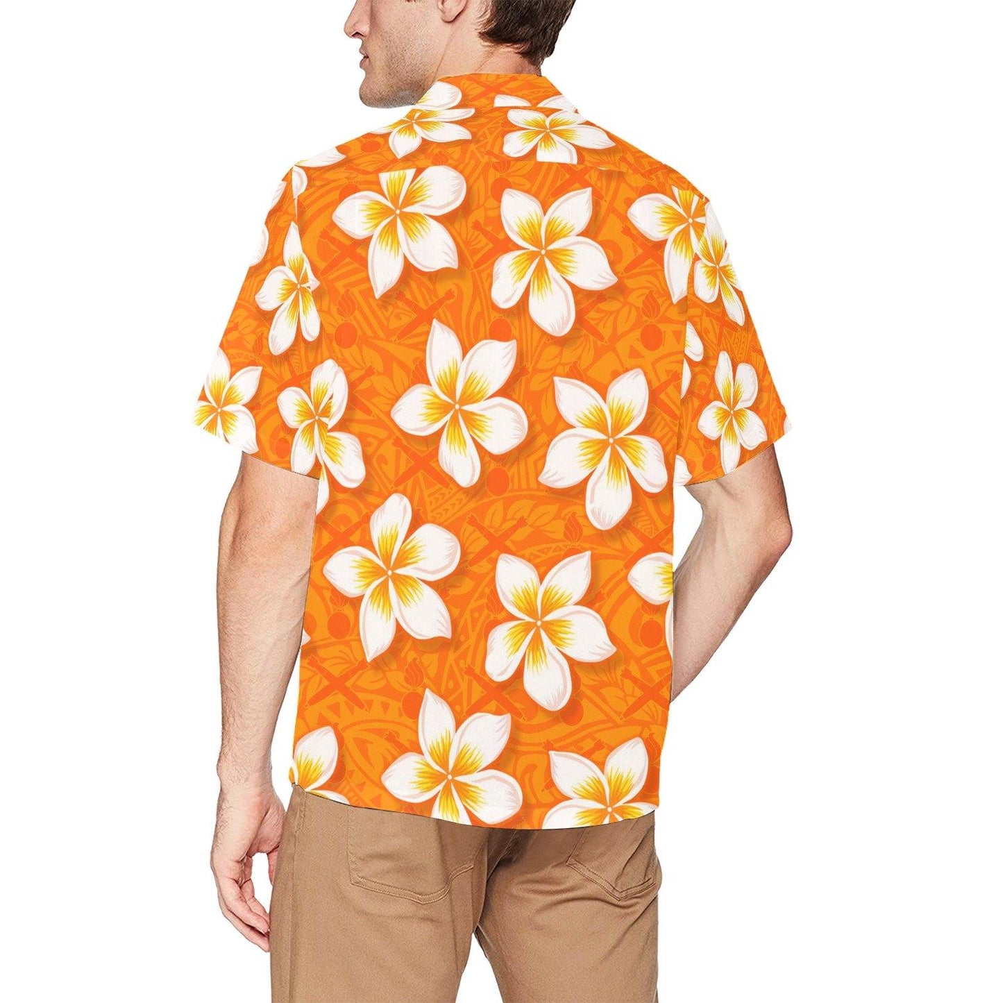 Orange Tribal Pattern With Pisspots Bombs and Plumeria Flowers AMMO Hawaiian Shirt With Front Left Chest Pocket - AMMO Pisspot IYAAYAS Gear