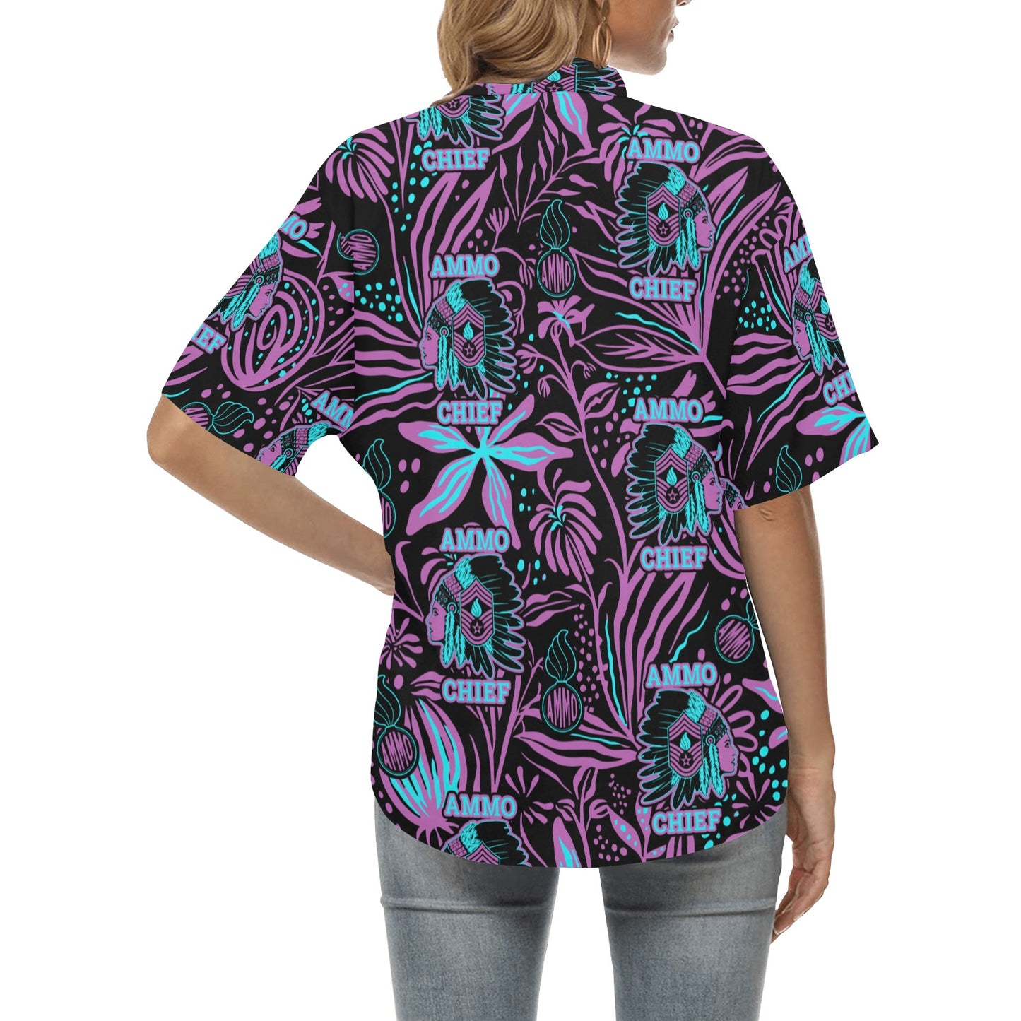 AMMO Chief (Female Version) Purple Teal Neon Flowers Pisspots AMMO Chief Logo Womens Hawaiian Shirt