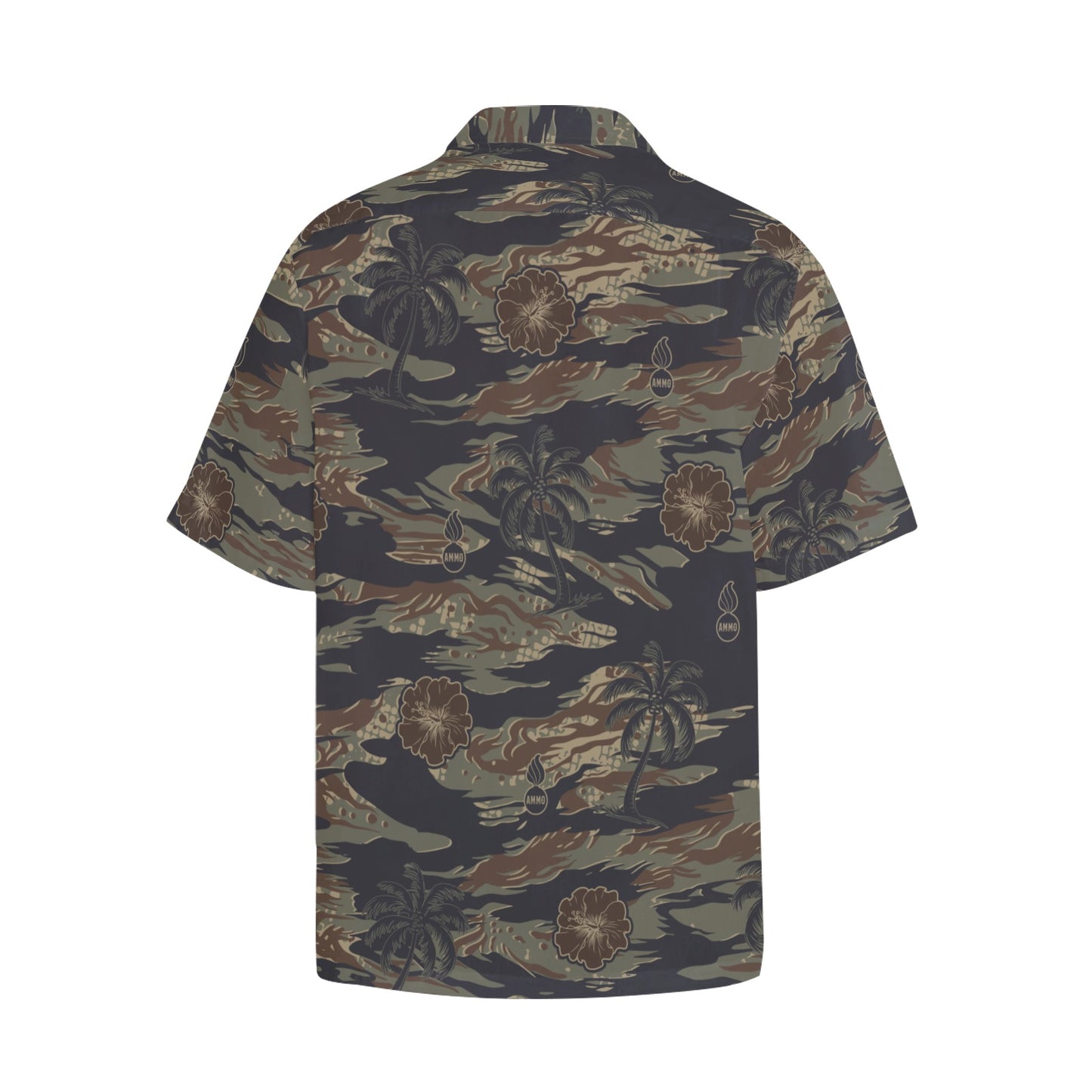 AMMO Tiger Stripe Camouflage Palm Trees Flowers Pisspots Pattern Mens Left Chest Pocket Hawaiian Shirt