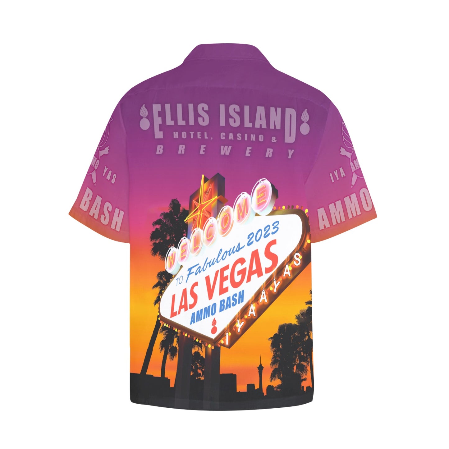 AMMO Bash 2023 AVA STAFF MEMBER ONLY Las Vegas Nevada Ellis Island Hotel Casino Brewery Mens Front Left Chest Pocket Event Hawaiian Shirt