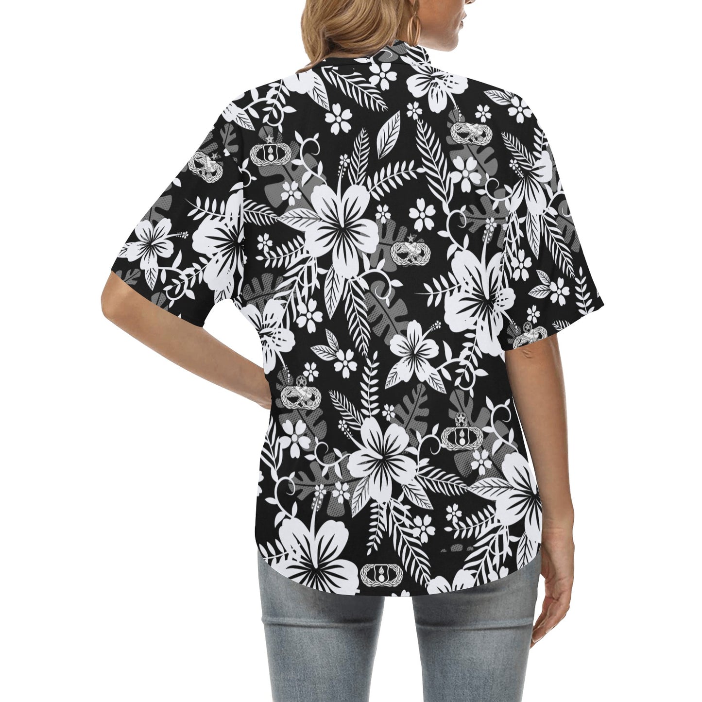 Black White Grey Flowers All Over New and Old Basic Senior Master Occupational Maintenance Badges Womens Hawaiian Shirt