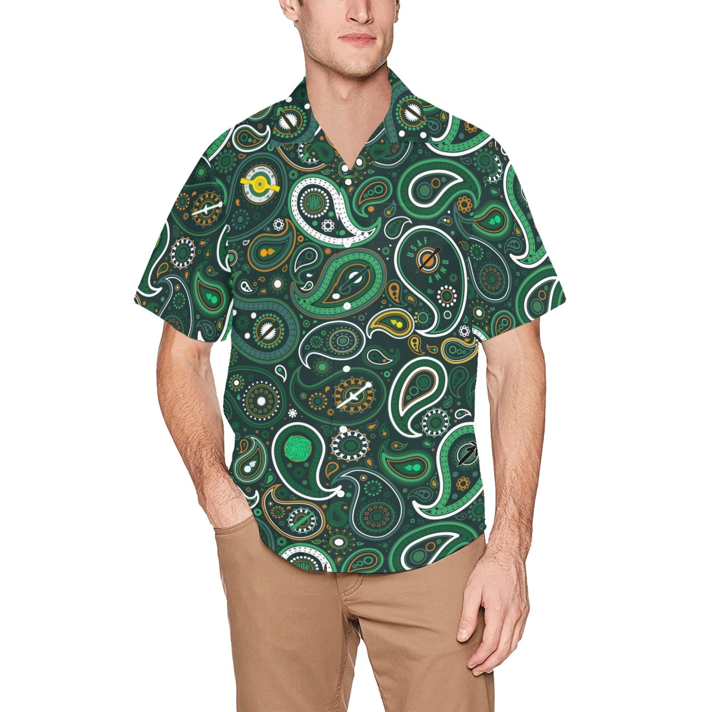 USAF AMMO Green Paisley Pisspot and AMMO Icons Mens Left Chest Pocket Hawaiian Shirt
