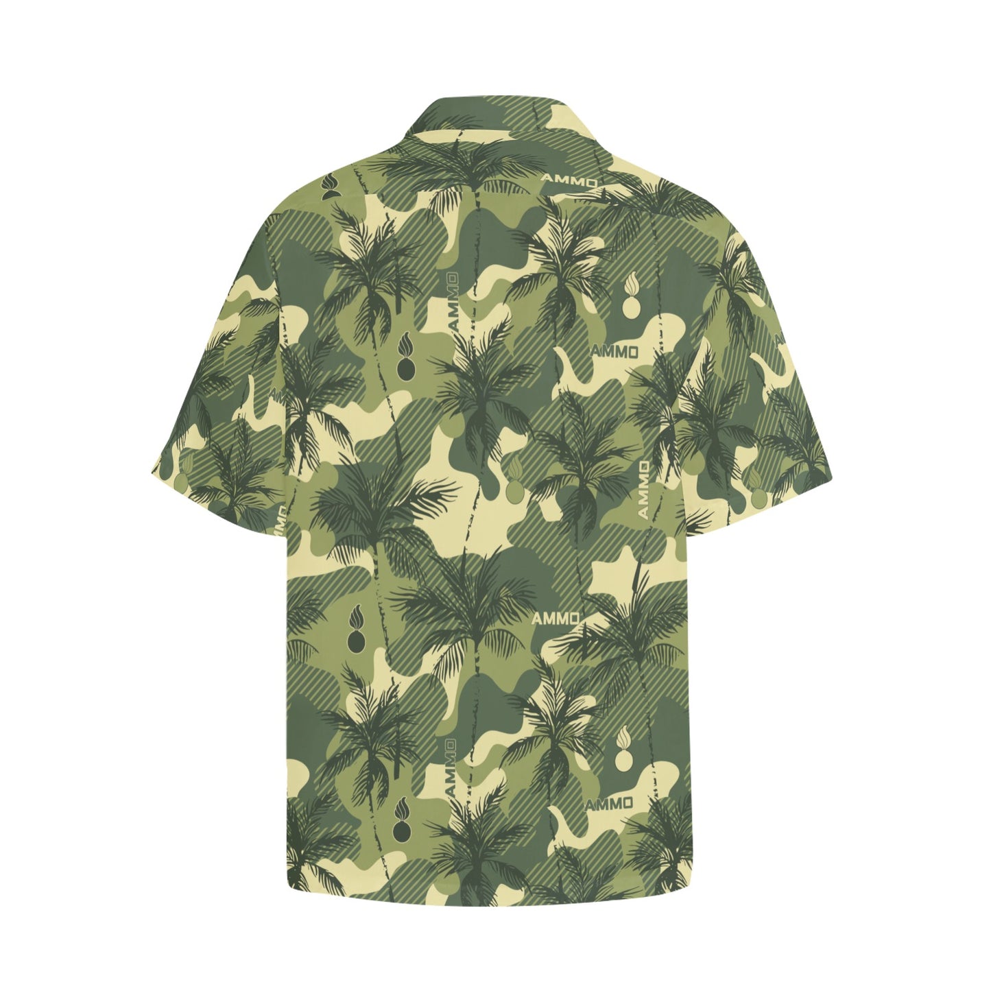 AMMO Green Camouflage Palm Trees Pisspots Pattern Mens Left Chest Pocket Hawaiian Shirt