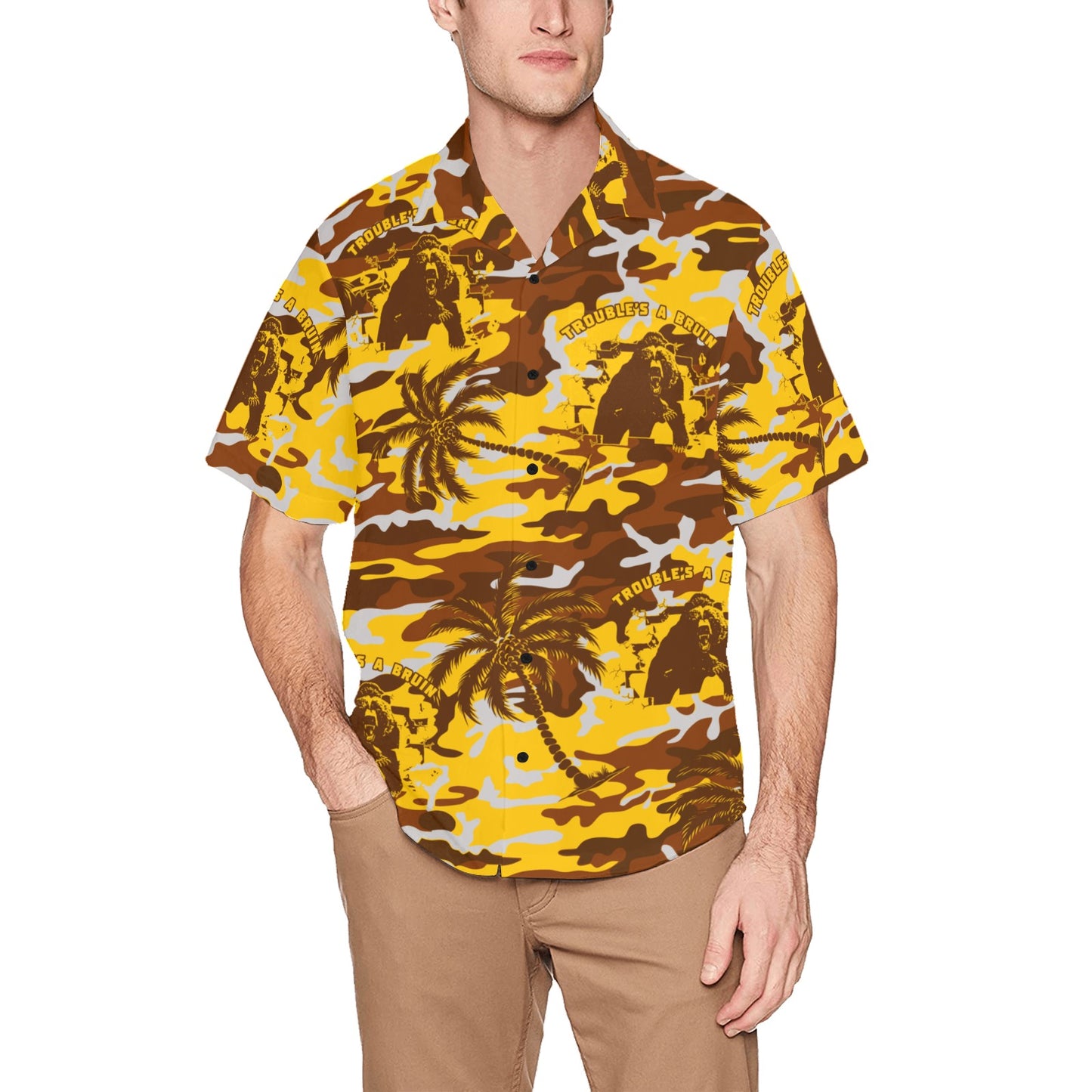Fargo South High Troubles A Bruin Brown Bear Brick Wall Gold Color Camouflage With Brown Palm Trees Hawaiian Shirt With Left Chest Pocket