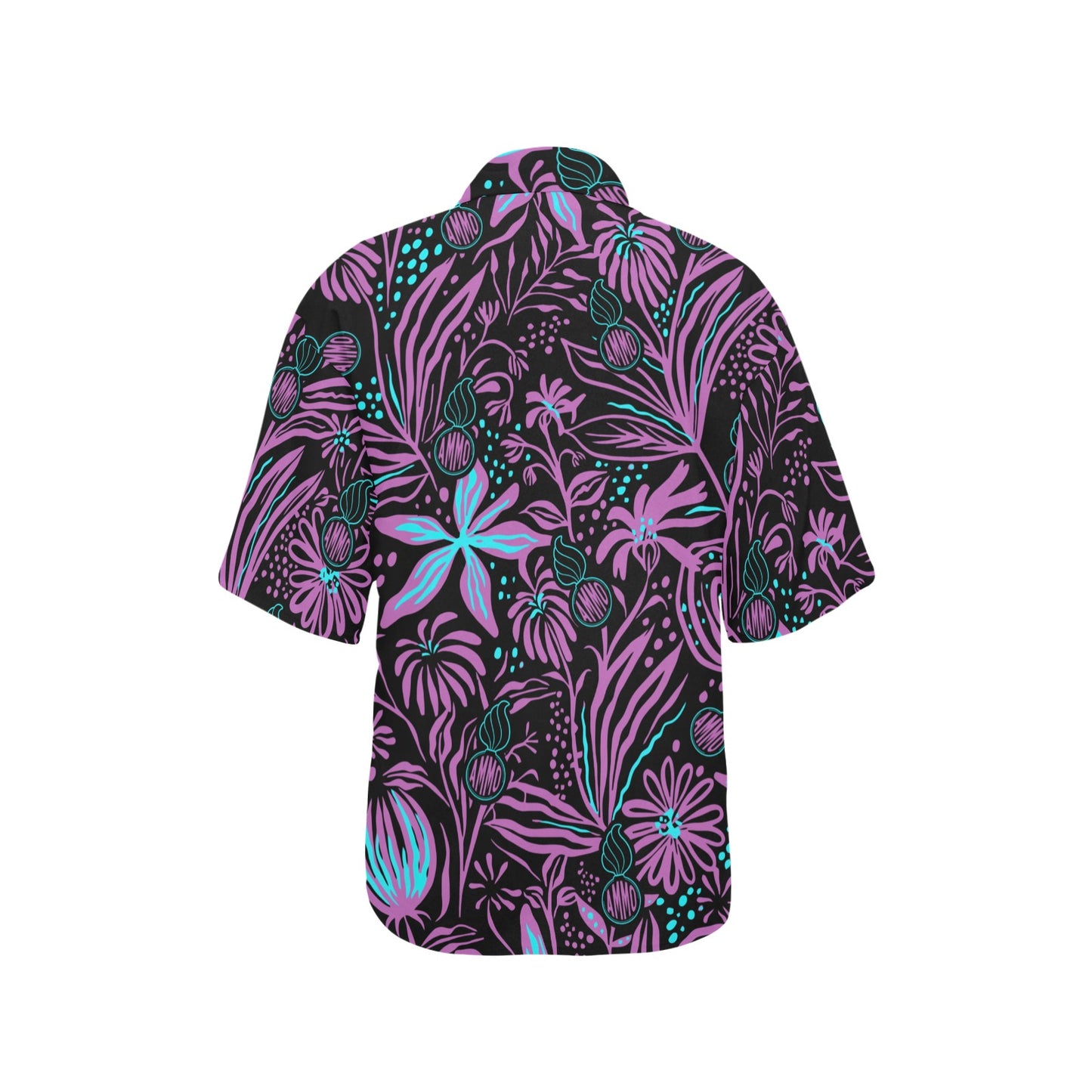 USAF AMMO Purple Teal Neon Flowers Pisspots AMMO Logo Womens Hawaiian Shirt