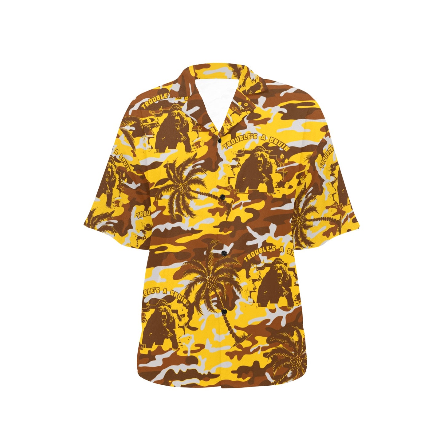 Fargo South High Troubles A Bruin Brown Bear Brick Wall Gold Color Camouflage With Brown Palm Trees Womens Hawaiian Shirt