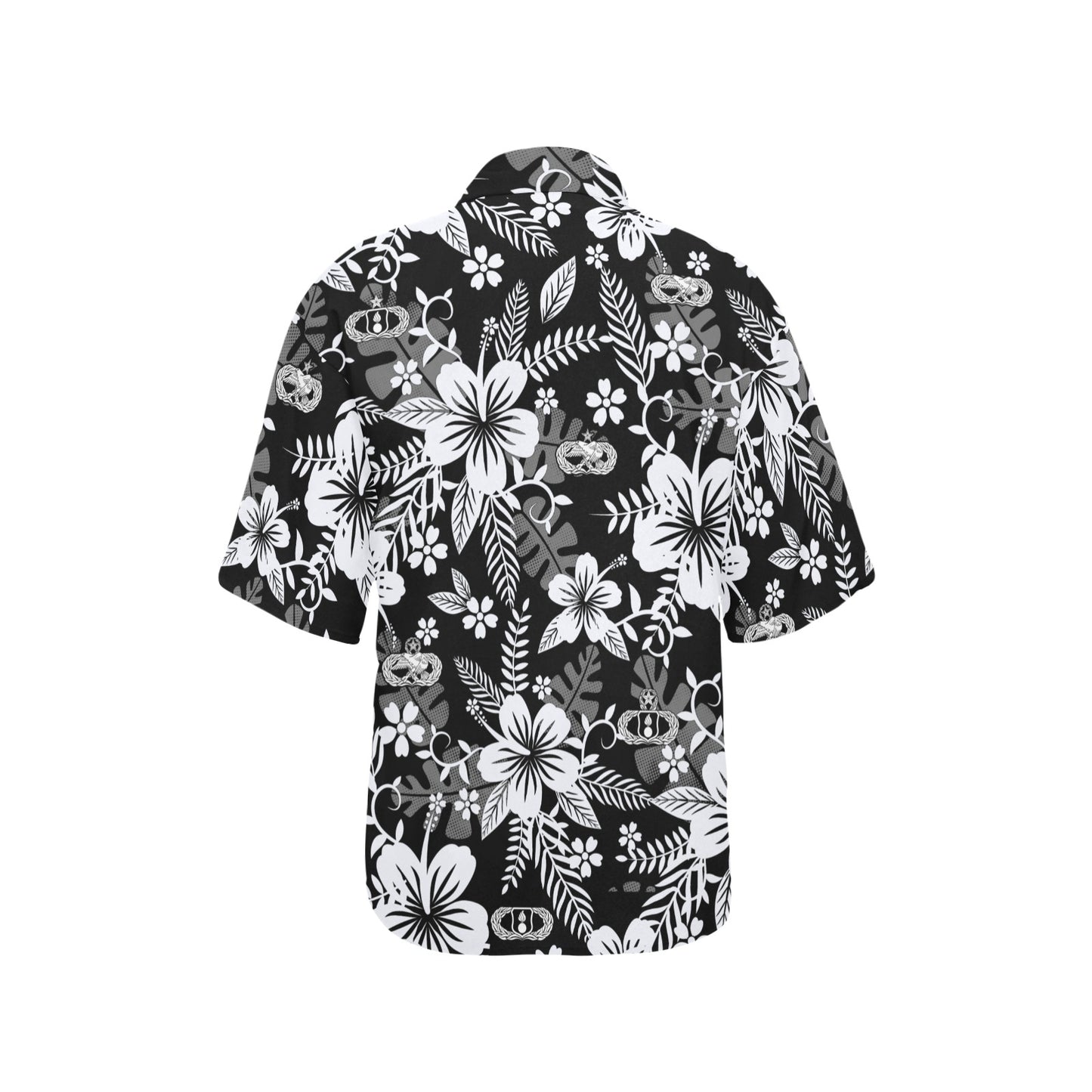 Black White Grey Flowers All Over New and Old Basic Senior Master Occupational Maintenance Badges Womens Hawaiian Shirt