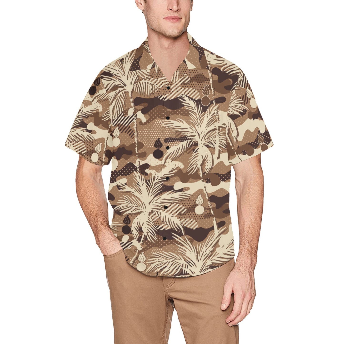 AMMO Camouflage Palm Trees Pisspots Pattern Mens Left Chest Pocket Hawaiian Shirt