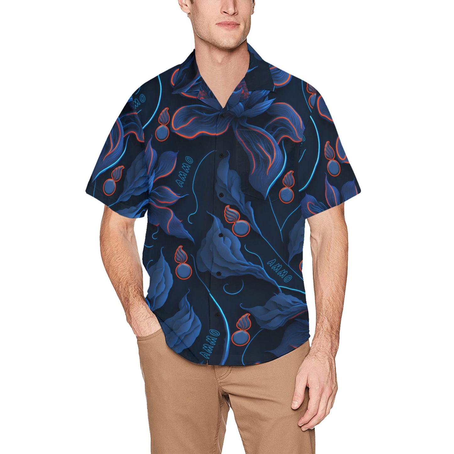 USAF AMMO Red and Blue Neon Flowers Leaves Pisspots and AMMO Word Mens Front Left Chest Pocket Event Hawaiian Shirt