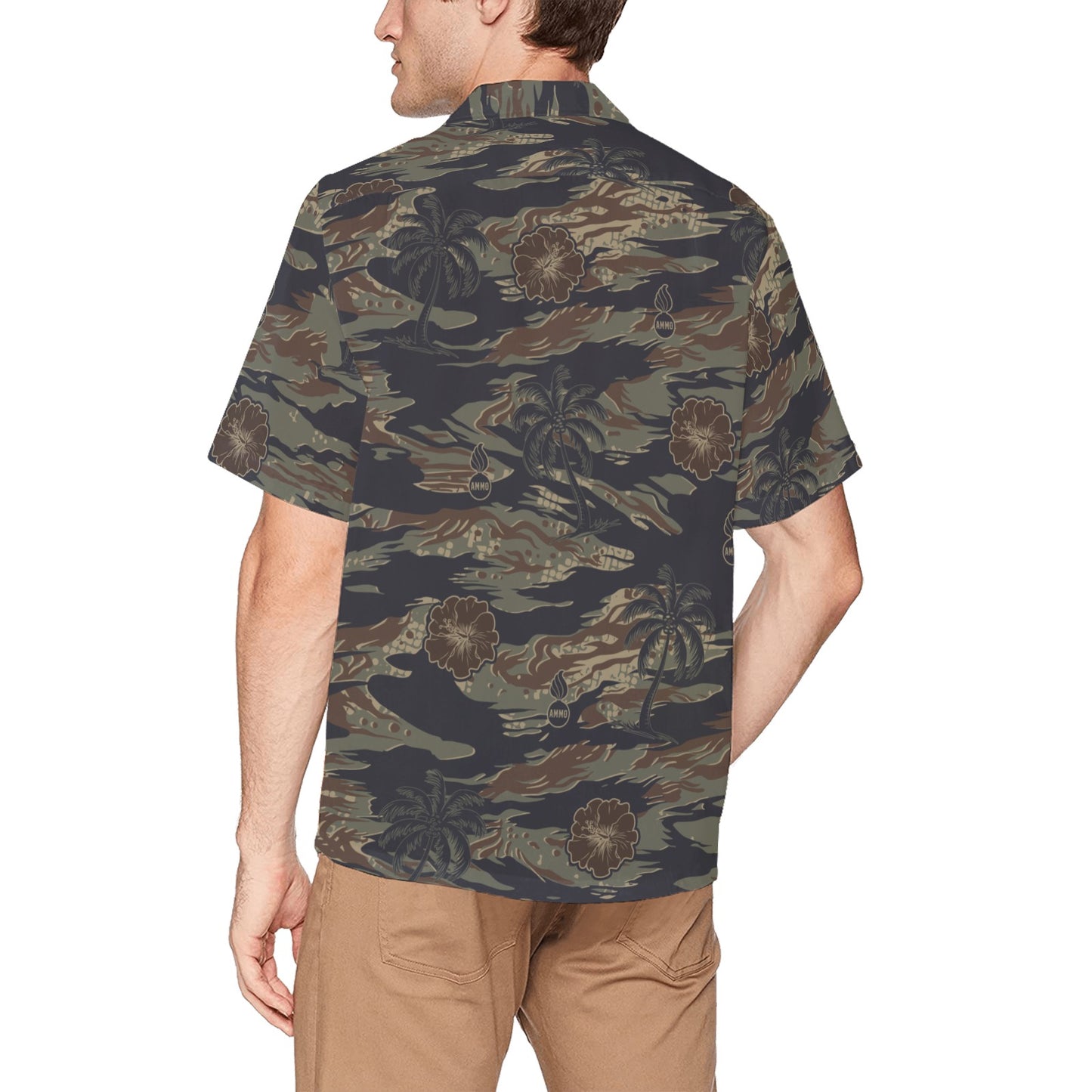 AMMO Tiger Stripe Camouflage Palm Trees Flowers Pisspots Pattern Mens Left Chest Pocket Hawaiian Shirt