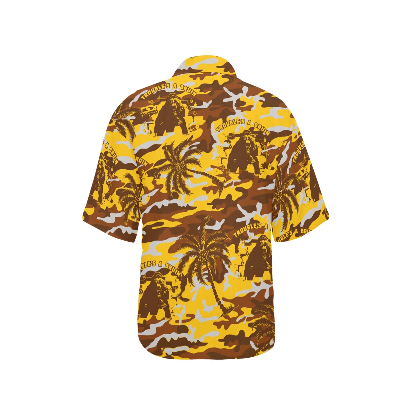 Fargo South High Troubles A Bruin Brown Bear Brick Wall Gold Color Camouflage With Brown Palm Trees Womens Hawaiian Shirt