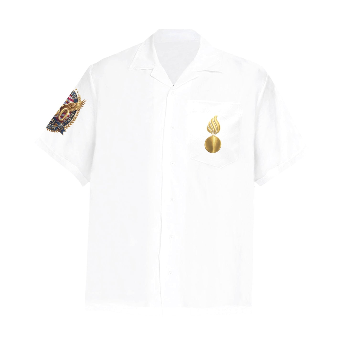 AMMO United States 250th Anniversary Gold Eagle Pisspot Logo White Hawaiian Shirt With Left Chest Pocket