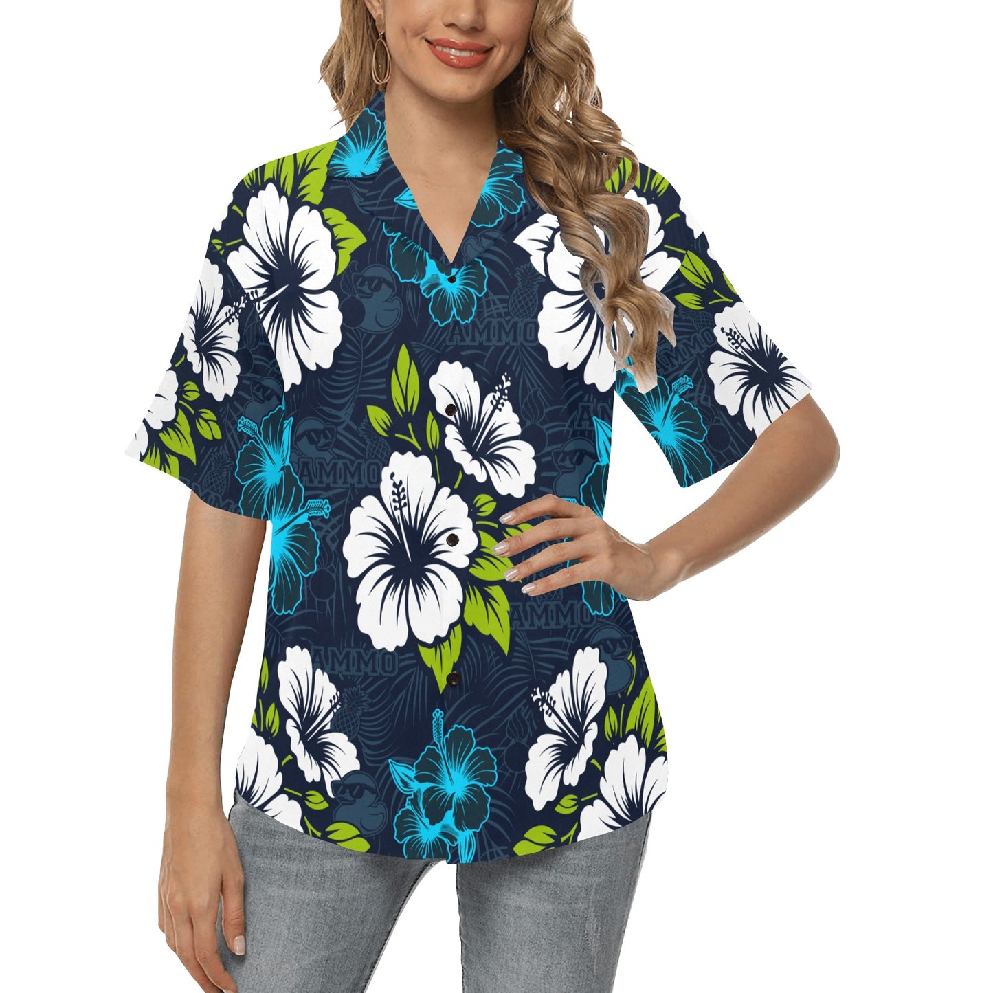 Deep Blue With Bright Flowers Pisspots AMMO Pineapples and Rubber Duckies Womens Version Hawaiian Shirt