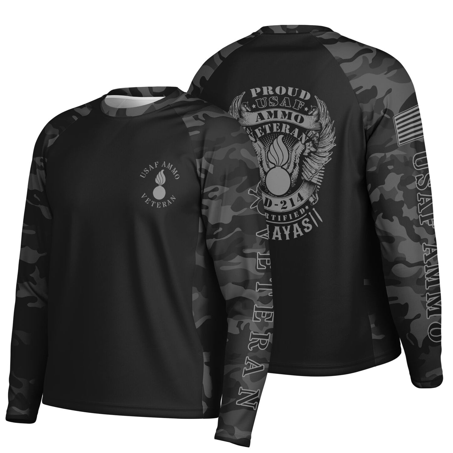 USAF AMMO Veteran Dark Grey and Black Camouflage Men's Long Sleeve Performance Shirt - All Over Print