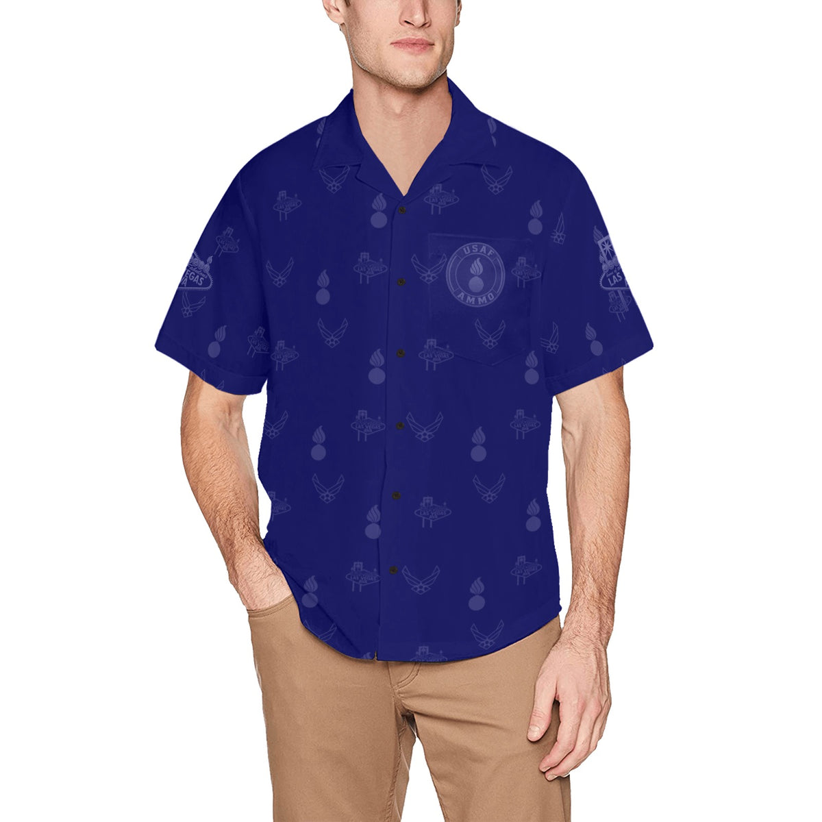 2027 AMMO Bash Las Vegas Grim Reaper Snake Eyes Navy Blue Subdued Color Logos Men’s Hawaiian Shirt with Left Chest Pocket