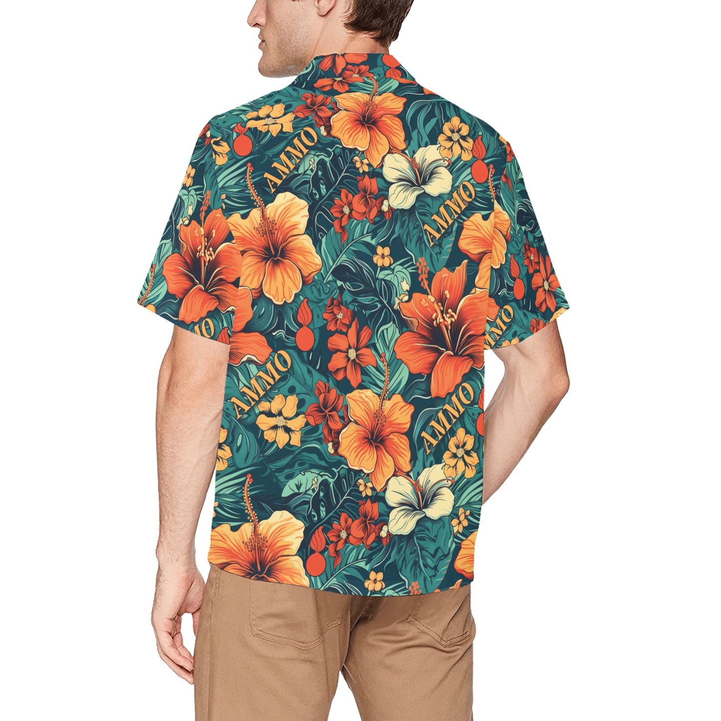 Orange Flowers With Green Leaves Pisspots and Word AMMO Mens Hawaiian Shirt With Left Chest Pocket