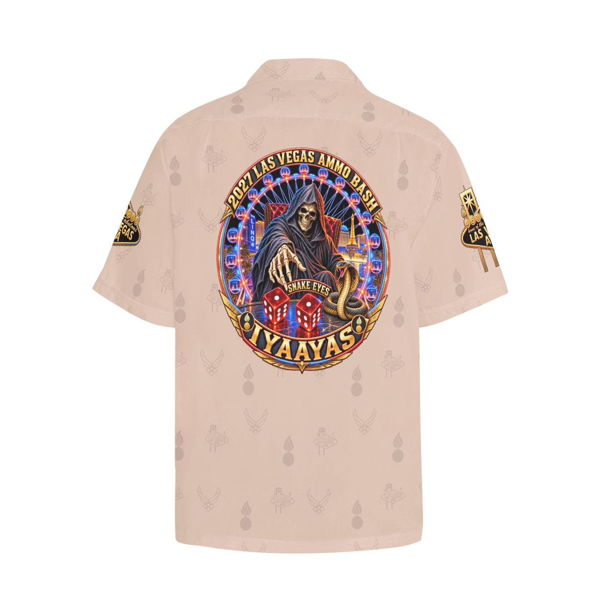 2027 AMMO Bash Las Vegas Grim Reaper Snake Eyes Sand Full Color Logos Men’s Hawaiian Shirt with Left Chest Pocket