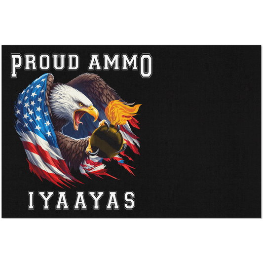 Proud AMMO Eagle American Flag Claw Holding Pisspot Black Background Fabric By The Yard