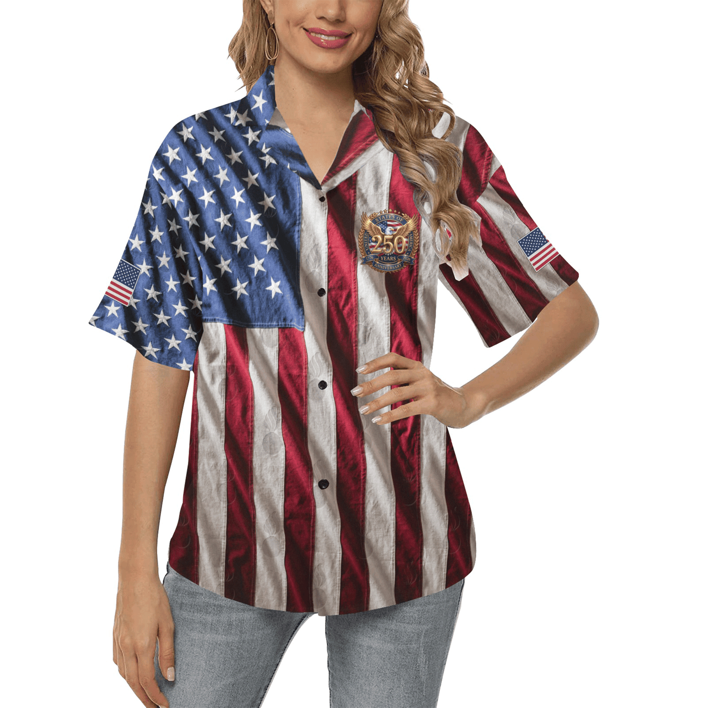 USA 250th Anniversary Freedom American Flags and Gold Eagle Logo with Subdued Pisspots Womens Version Hawaiian Shirt