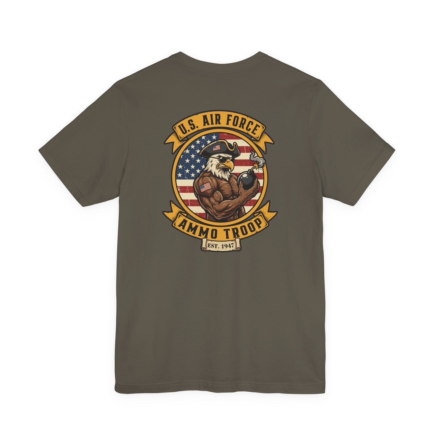Muscular Eagle U. S. Air Force AMMO Troop holding pisspot American Flag Unisex Jersey Short Sleeve Tee