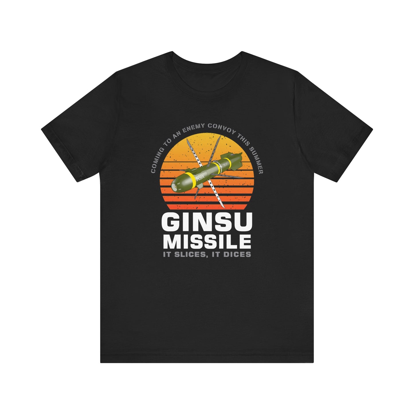 Ginsu Missile It Slices It Dices AGM-114 R9X Hellfire Sunset Unisex Jersey Short Sleeve Tee