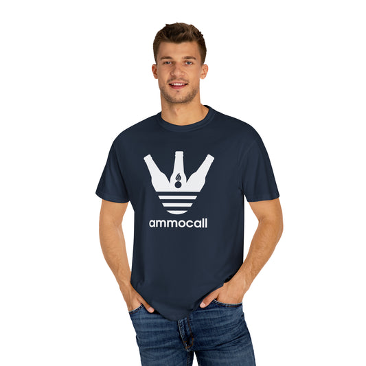 AMMO Call Three Beer Bottles With A Pisspot and Three Stripes Parody Logo Unisex Garment-Dyed T-shirt