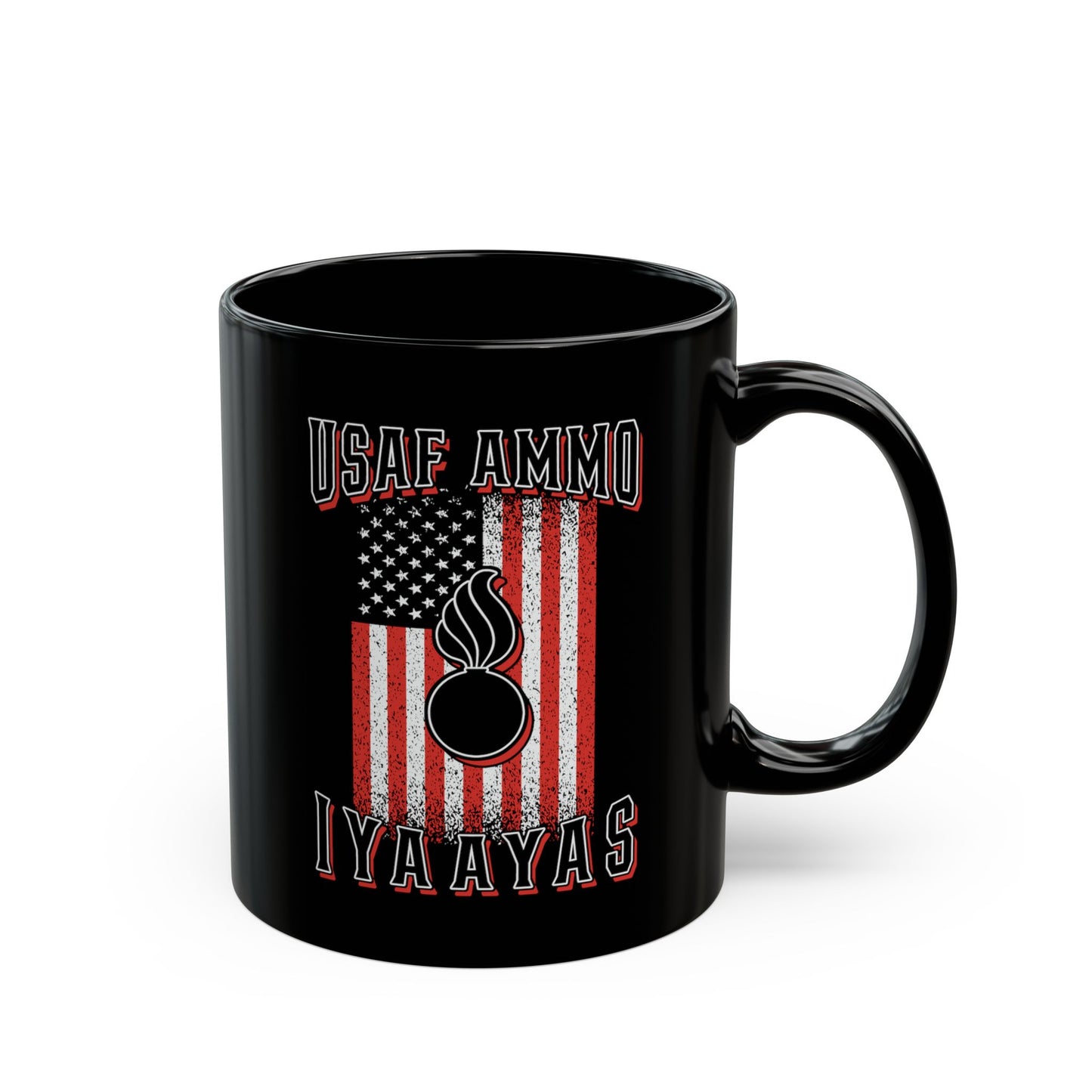 USAF AMMO IYAAYAS Pisspot Red White and Black Grunge Vertical American Flag Black Mug (11oz, 15oz)
