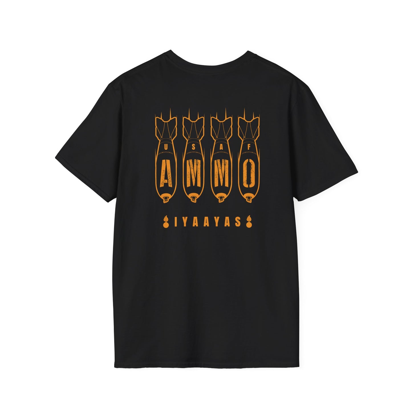 Four Bombs Dropping Spelling USAF AMMO with IYAAYAS and Two Pisspots at the Bottom Back and Front Design Version Unisex Softstyle T-Shirt
