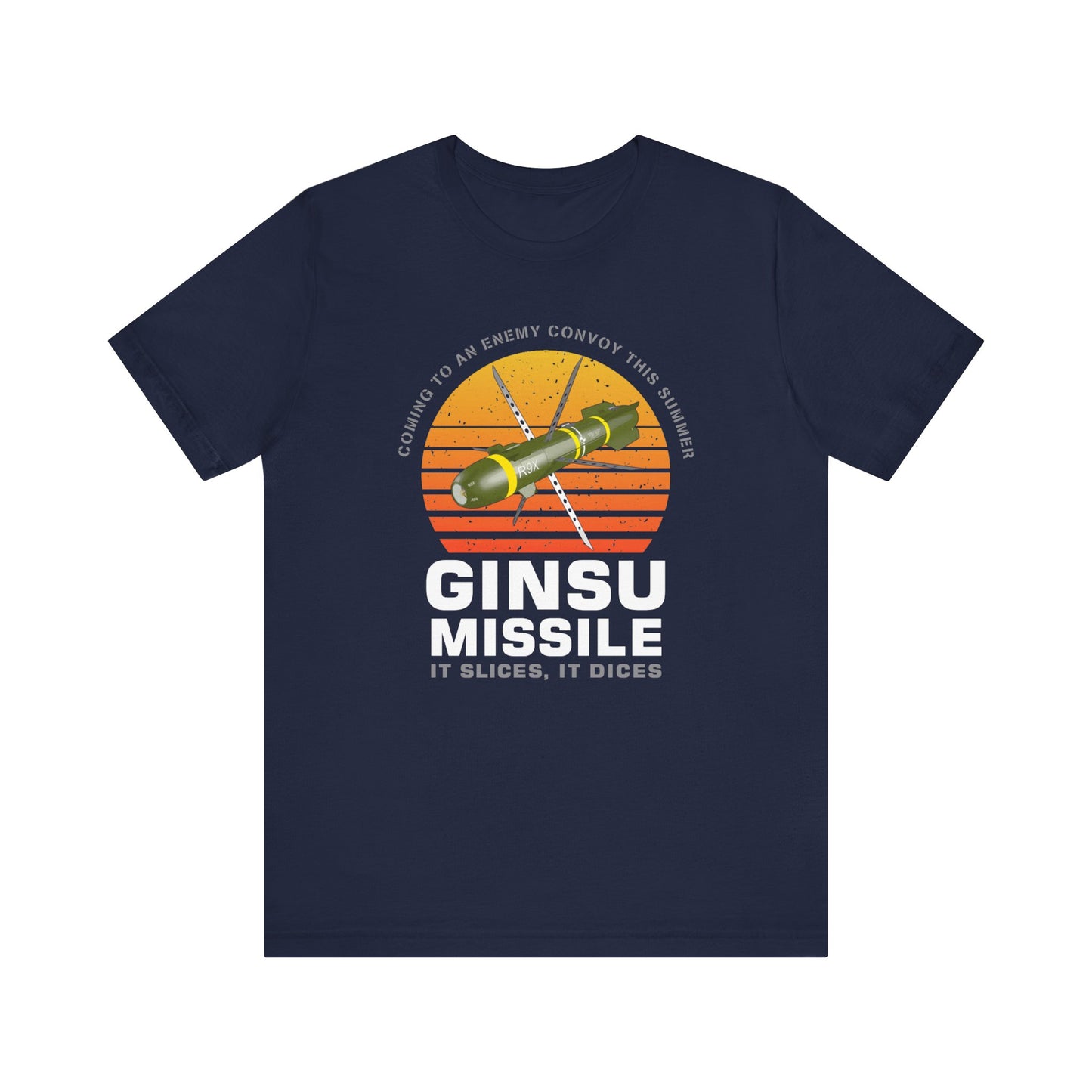 Ginsu Missile It Slices It Dices AGM-114 R9X Hellfire Sunset Unisex Jersey Short Sleeve Tee