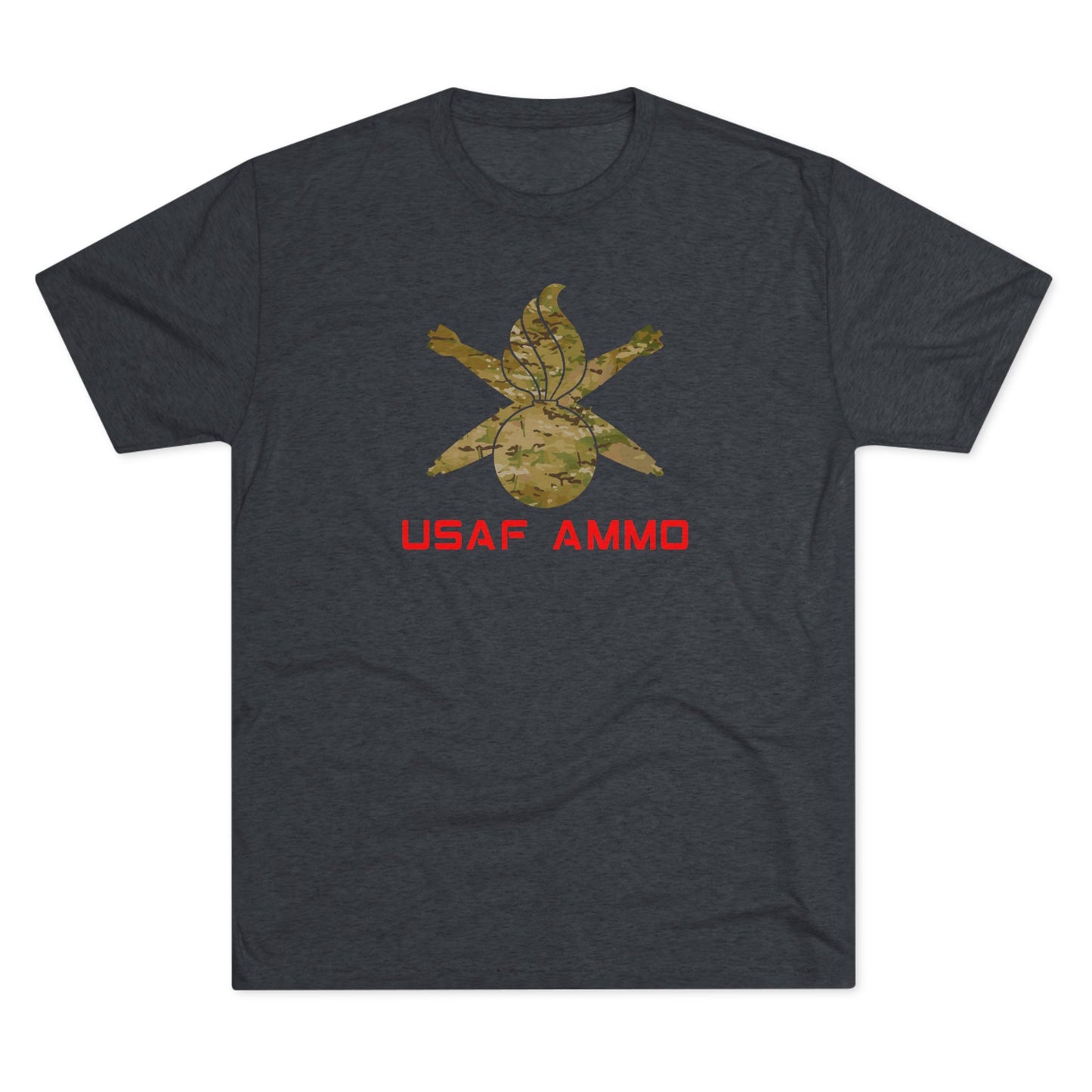 OCP Camouflage Pisspot Combined With Crossed MK-82 Bombs and Red USAF AMMO Letters Unisex Tri-Blend Crew Tee