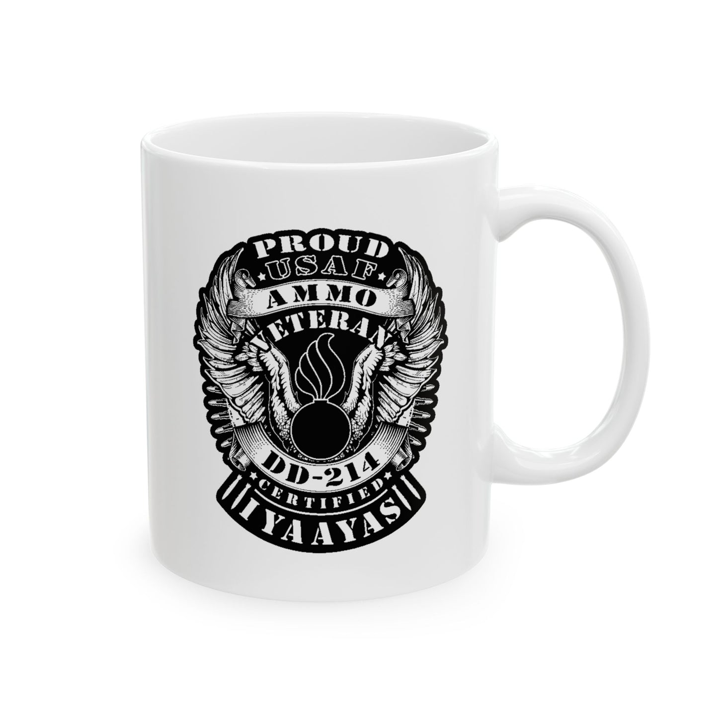 Proud USAF AMMO Veteran DD-214 Certified IYAAYAS Pisspot Eagle Wings Vintage Scroll Ribbons Ceramic Mug, (11oz, 15oz)
