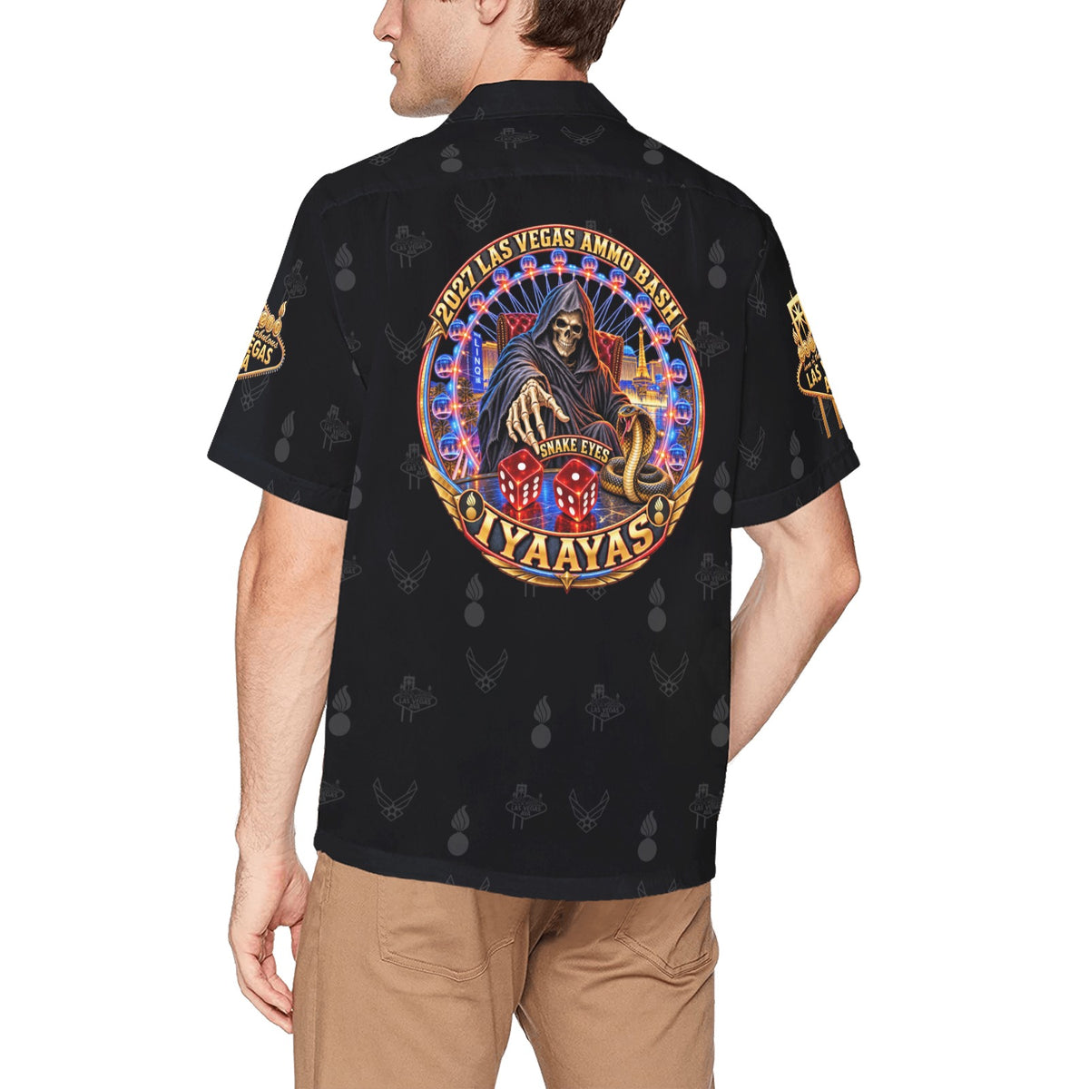 2027 AMMO Bash Las Vegas Grim Reaper Snake Eyes Black Full Color Logos Men’s Hawaiian Shirt with Left Chest Pocket