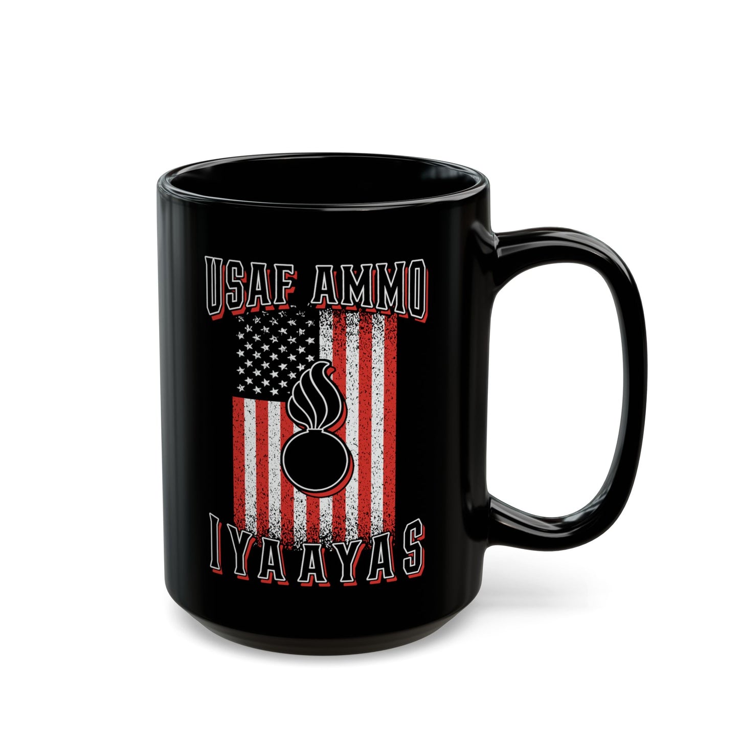 USAF AMMO IYAAYAS Pisspot Red White and Black Grunge Vertical American Flag Black Mug (11oz, 15oz)
