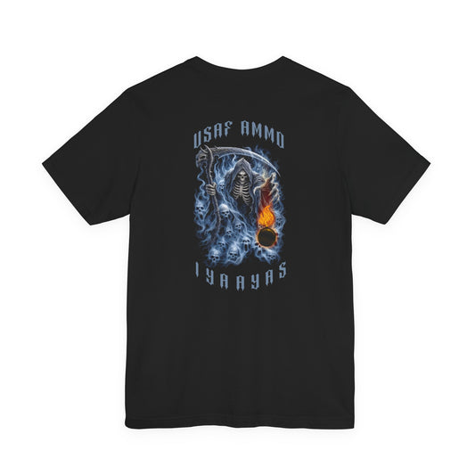 USAF AMMO Grim Reaper Holding Sickle Dropping A Glowing Hot Pisspot IYAAYAS Unisex Jersey Short Sleeve Tee