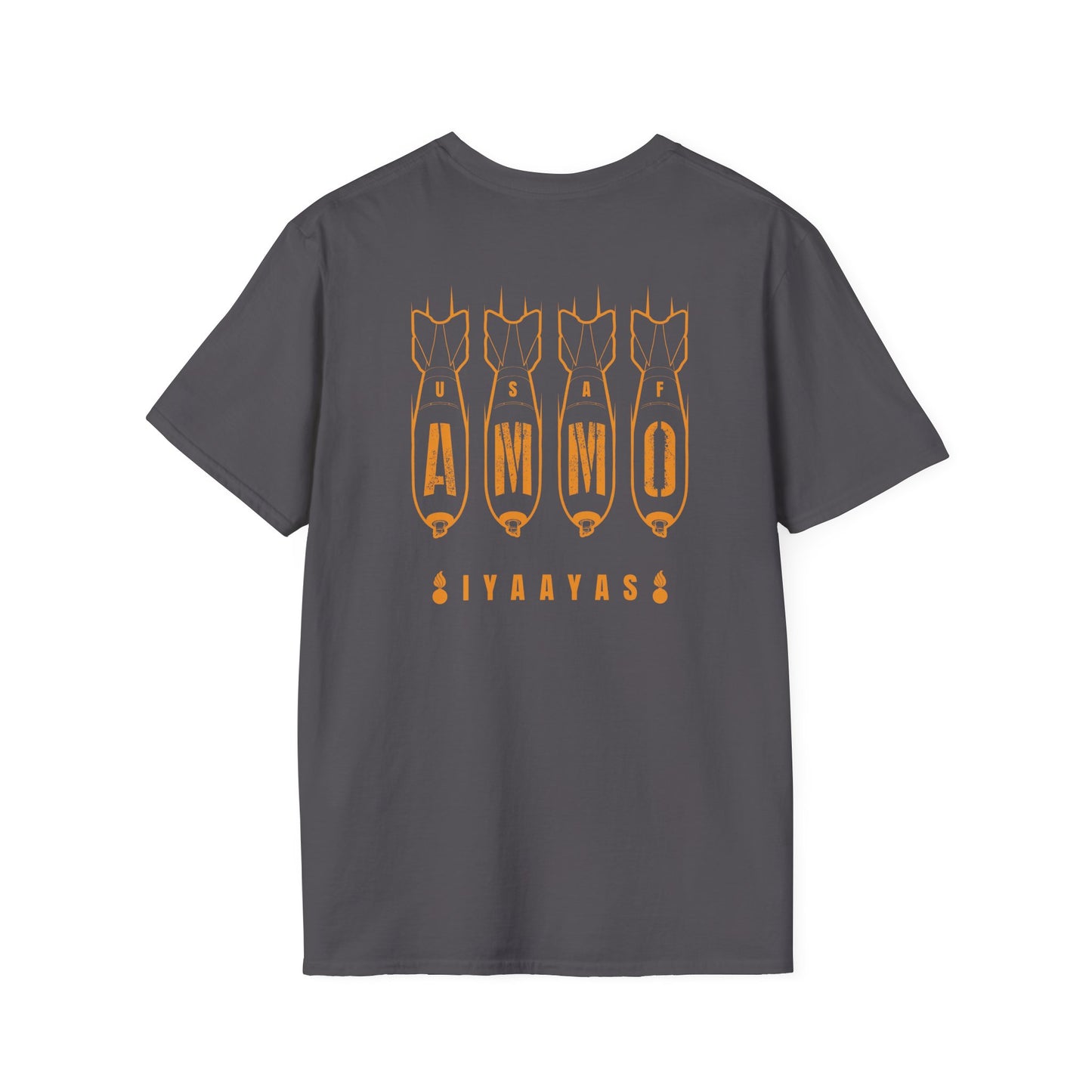Four Bombs Dropping Spelling USAF AMMO with IYAAYAS and Two Pisspots at the Bottom Back and Front Design Version Unisex Softstyle T-Shirt
