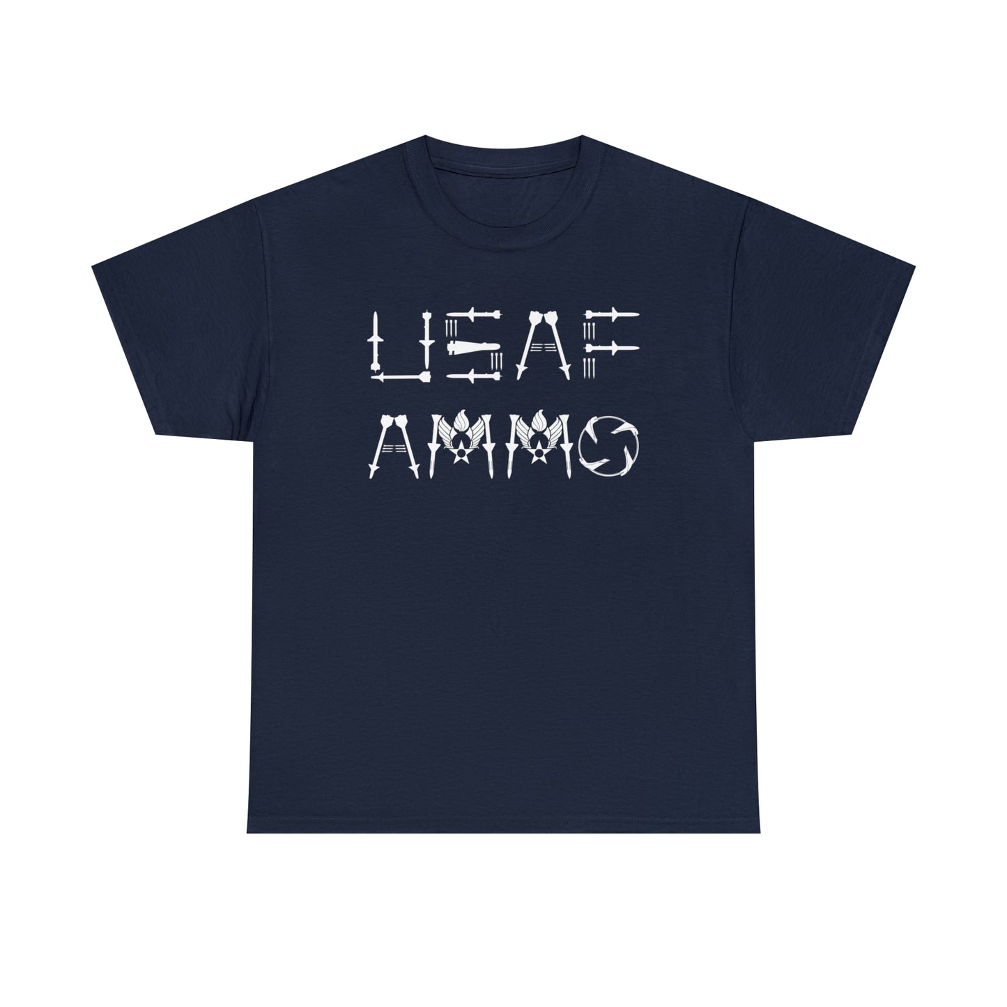 USAF AMMO Made With Missiles Flechettes Bomblet and Hap Arnold AMMO Logos Unisex Heavy Cotton Tee