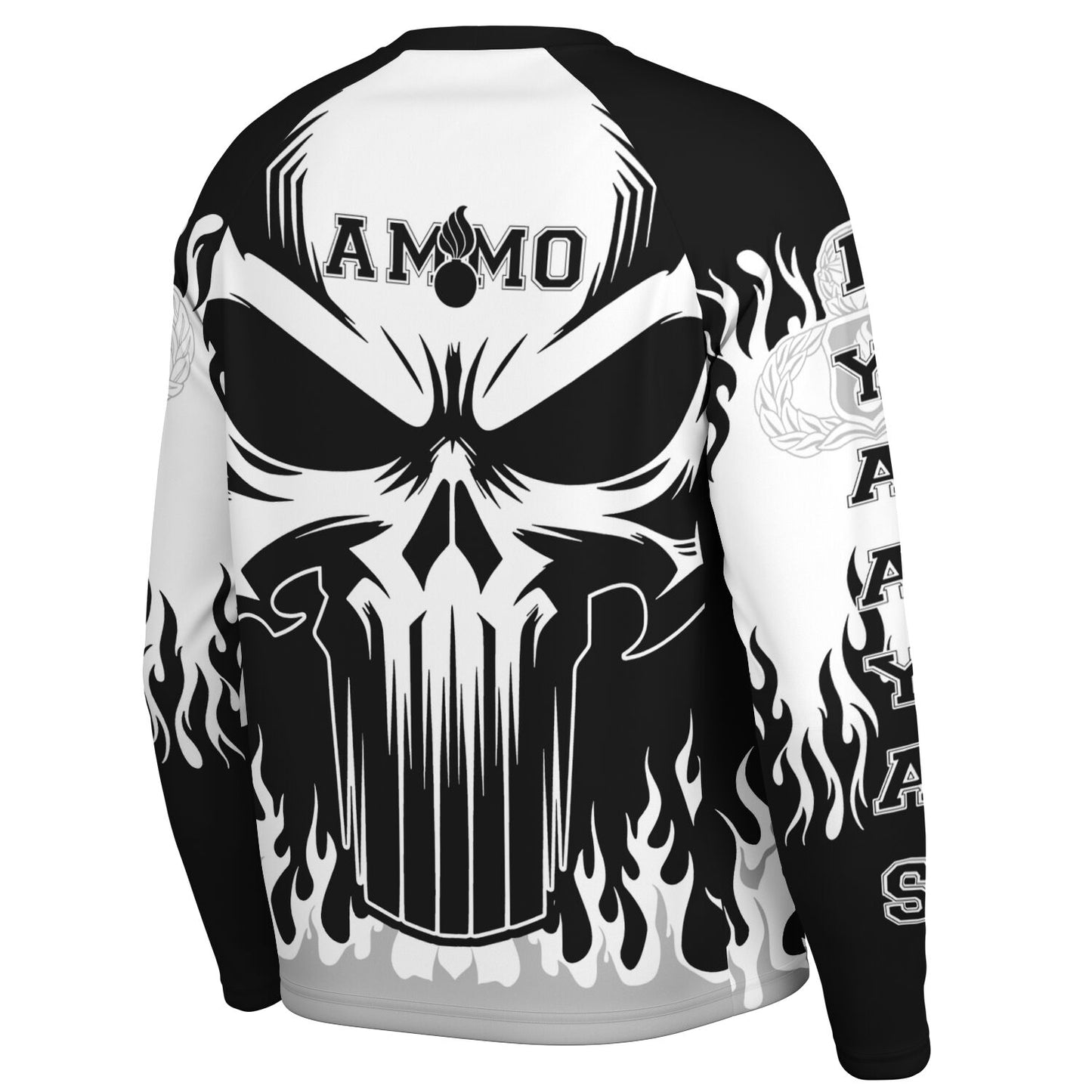 AMMO Skull Flames Black White Grey Men's Long Sleeve Performance Shirt - All Over Print