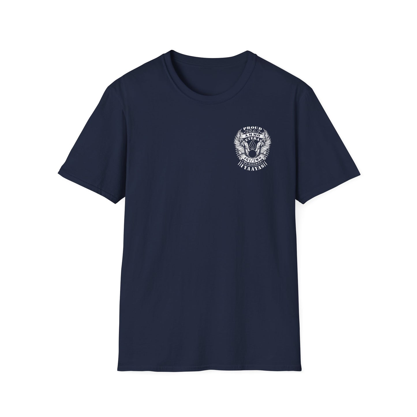 Proud USAF AMMO Veteran 461 2W0 Munitions IYAAYAS Pisspot Eagle Wings Vintage Scroll Ribbons Unisex Softstyle T-Shirt