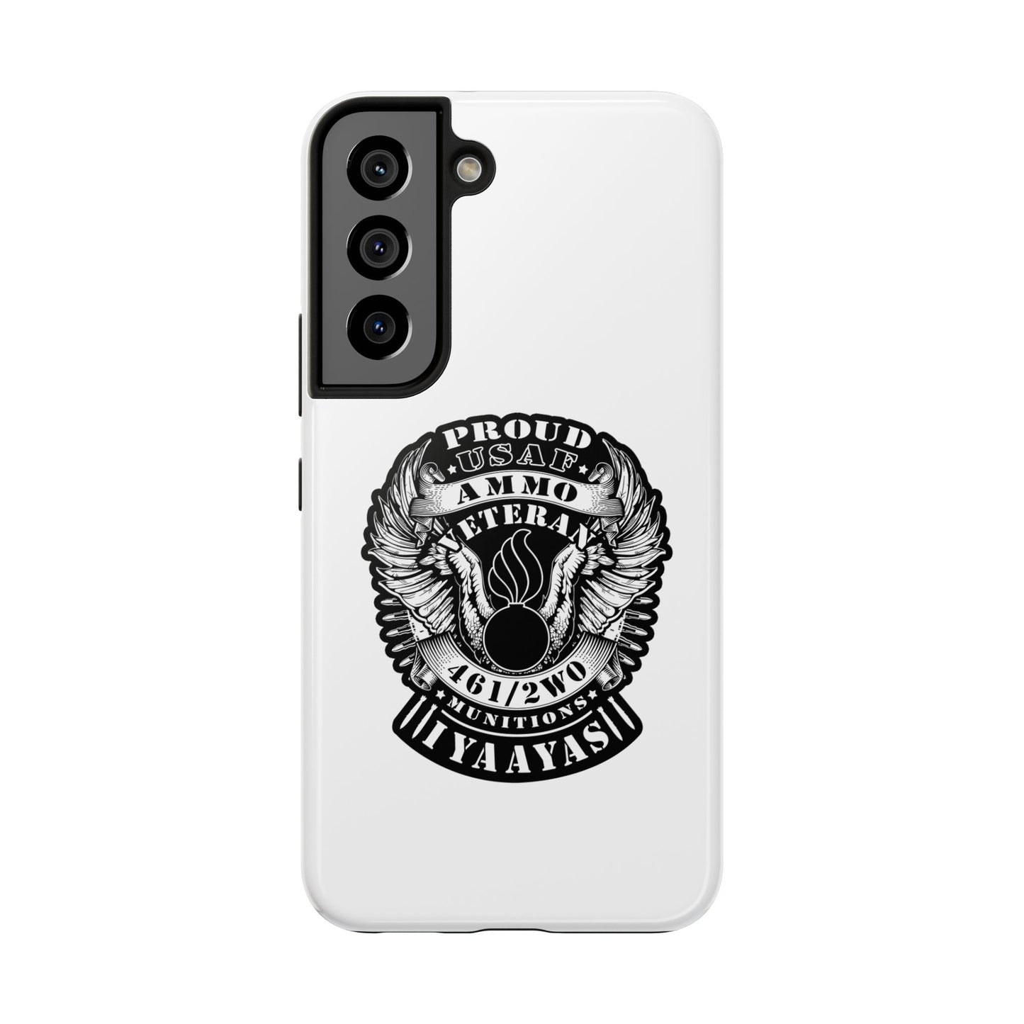 Proud USAF AMMO Veteran 461 2W0 Munitions IYAAYAS Pisspot Eagle Wings Vintage Ribbon Scrolls White Background Tough Phone Cases