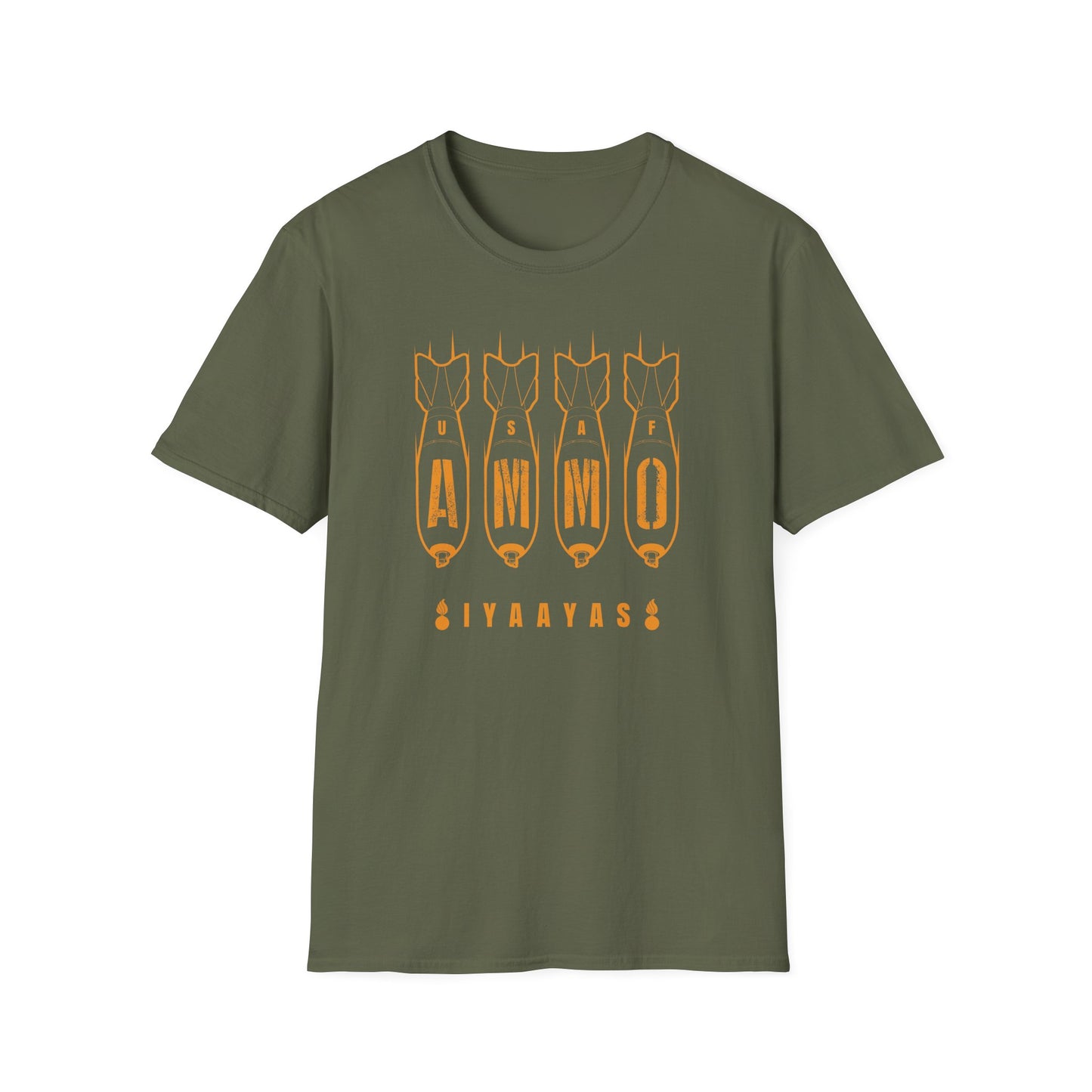 Four Bombs Dropping Spelling USAF AMMO with IYAAYAS and Two Pisspots at the Bottom Unisex Softstyle T-Shirt